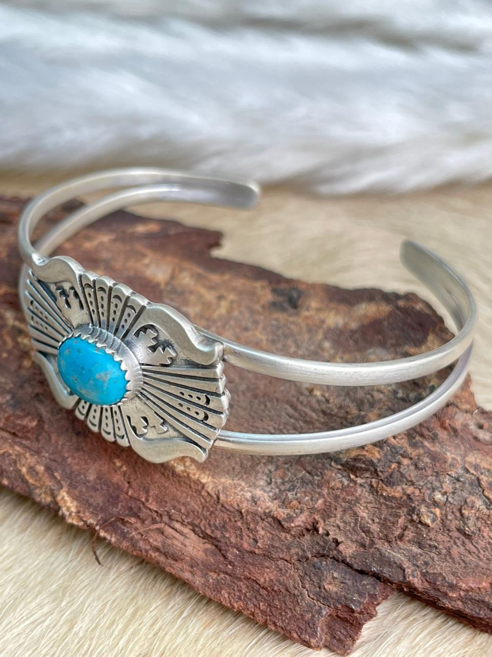Handmade Sterling Silver Blue Turquoise Bracelet "Signed Nizhoni"