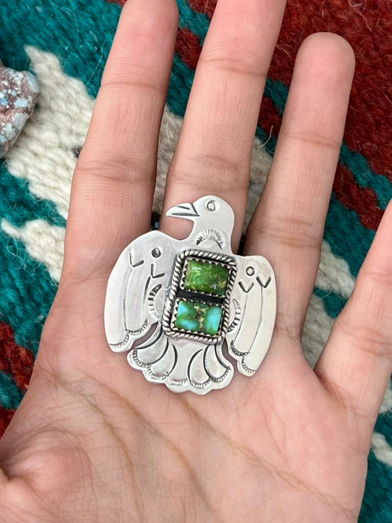 Handmade Sterling Silver Sonoran Mountain Turquoise Thunder Bird Adjustable Rings "Signed Nizhoni"