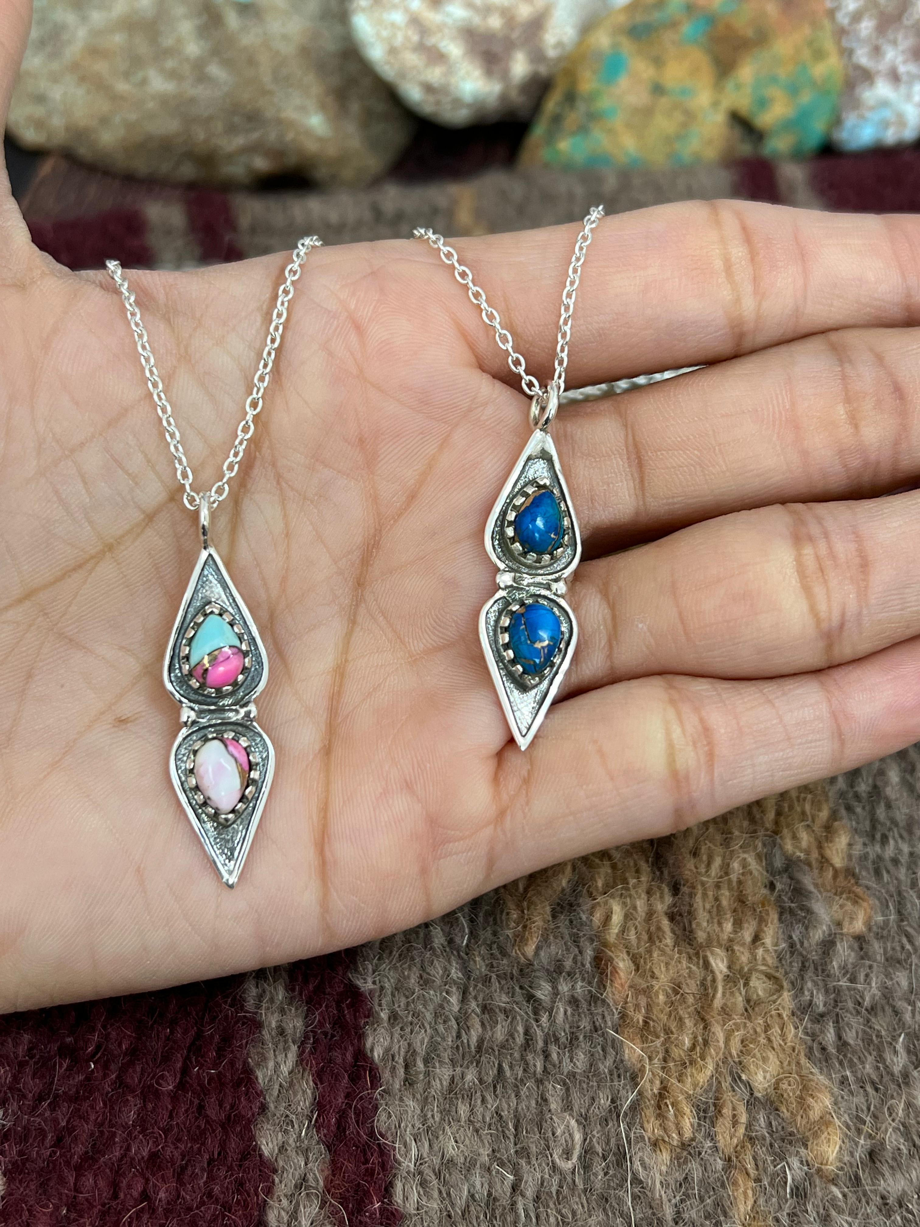 Handmade Sterling Silver Cotton Candy Peacock Dahlia Necklace, Signed Nizhoni