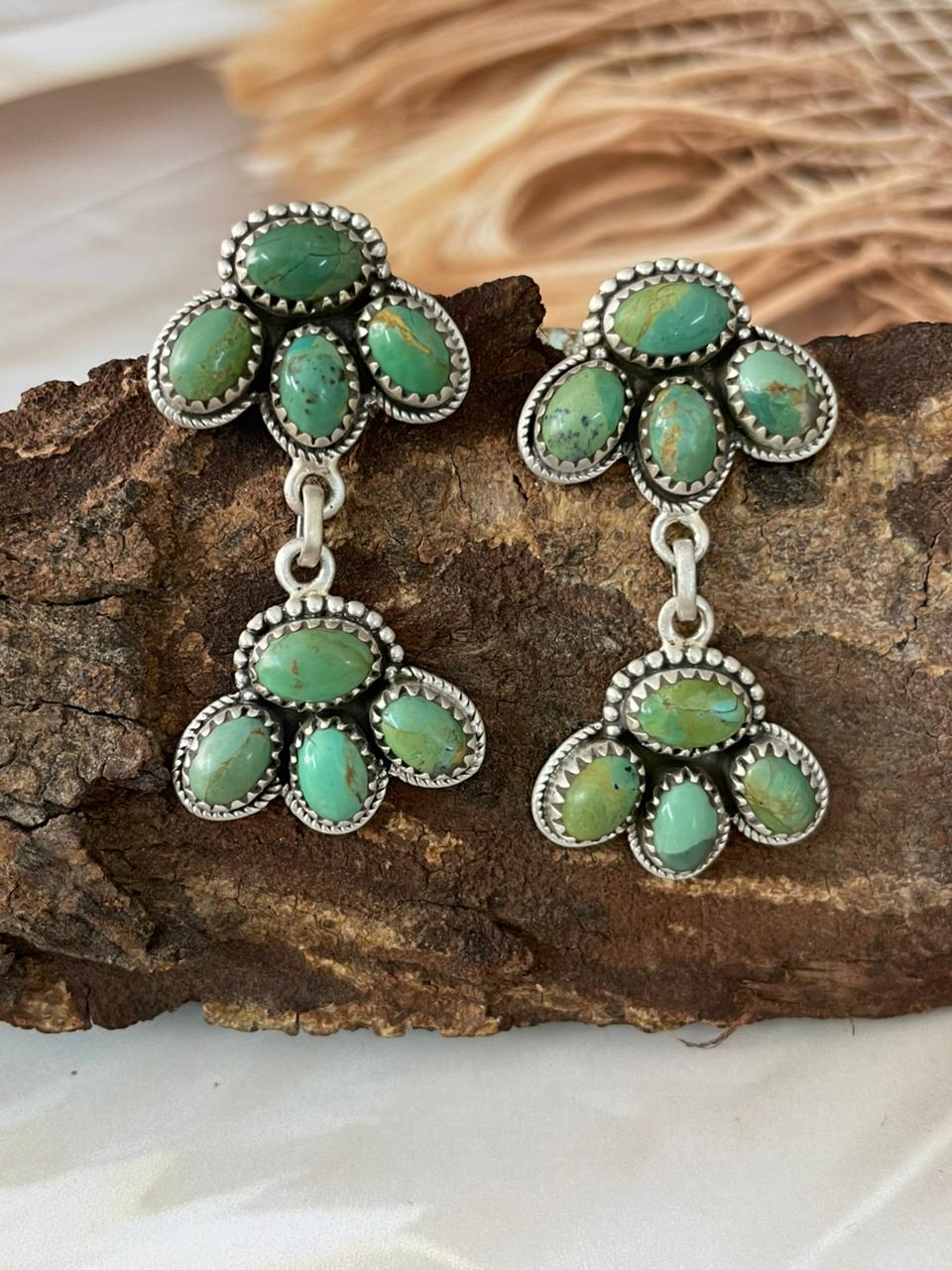 Handmade Sterling Silver Kingman Turquoise Post Dangle Earrings "Signed Nizhoni"