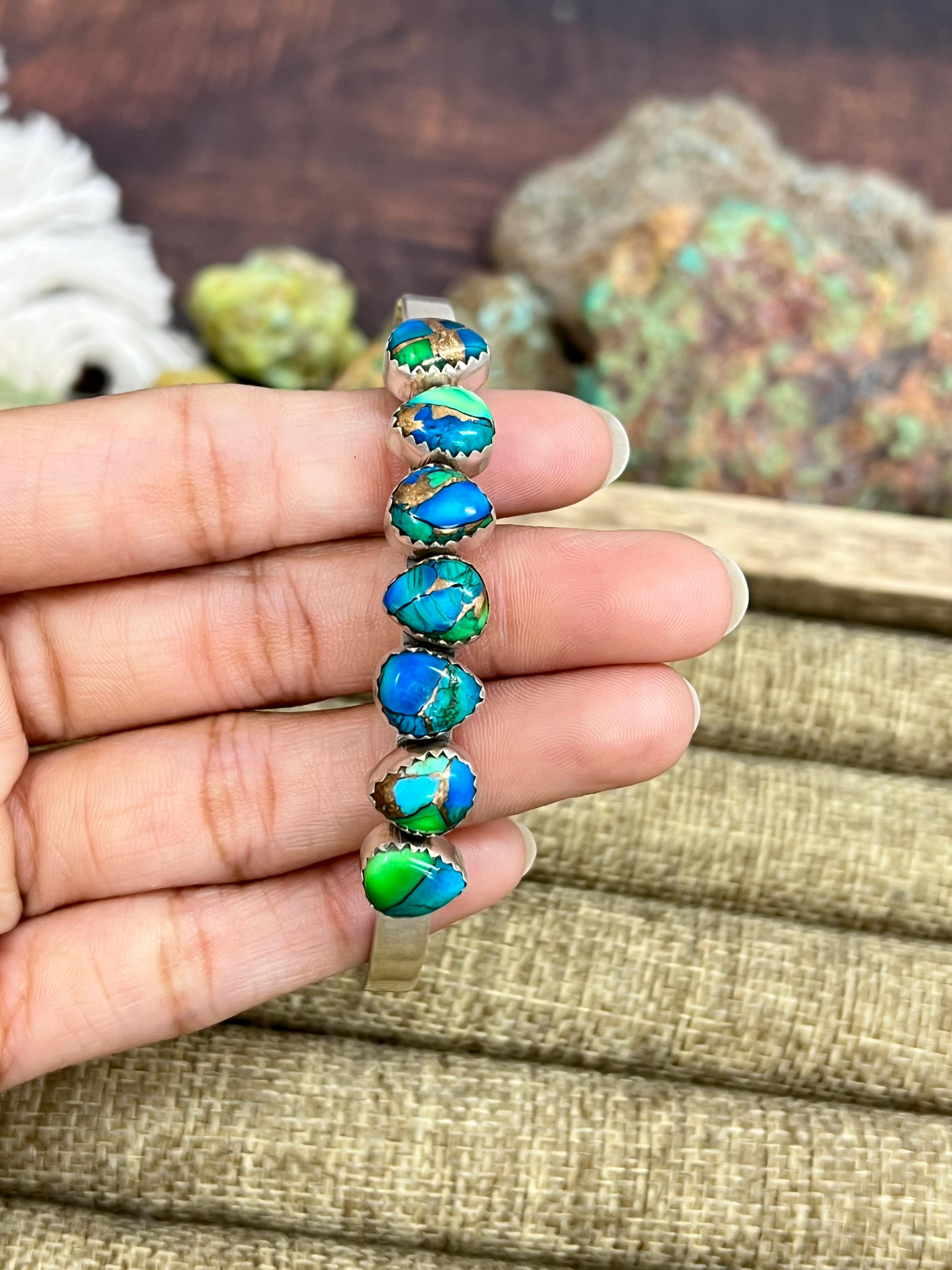 Handmade Sterling Silver Peacock Dahlia Cuff Bracelet with Signed Nizhoni