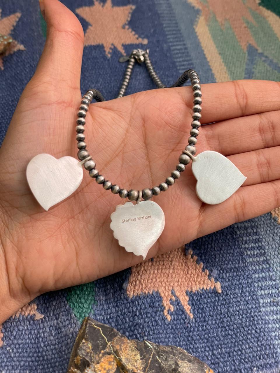 Handmade Sterling Silver White Buffalo with Hot Pink Beaded Heart Necklace "Signed Nizhoni"