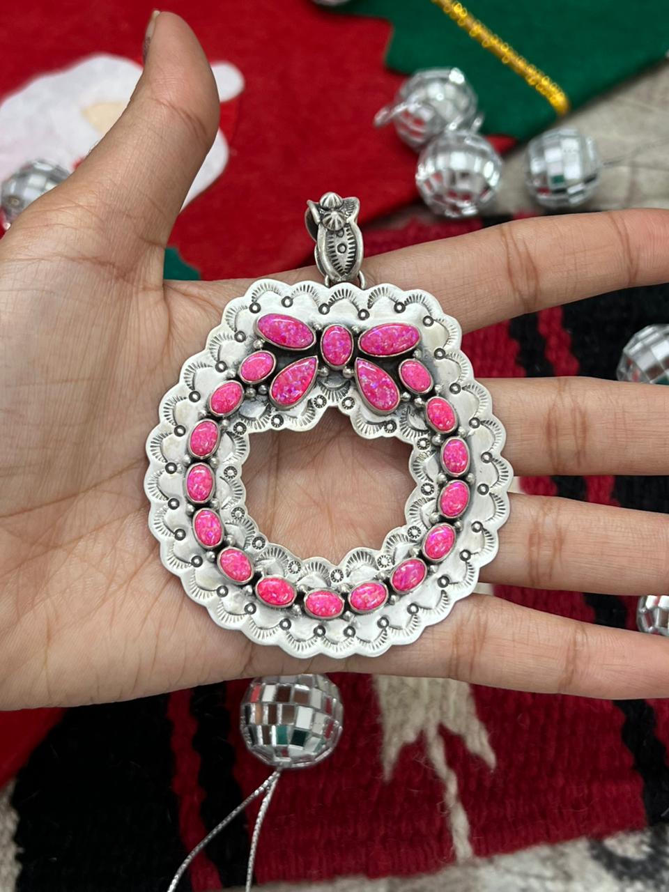 "Christmas Collection" Handmade Sterling Silver Hot Pink Pendant "Signed Nizhoni"