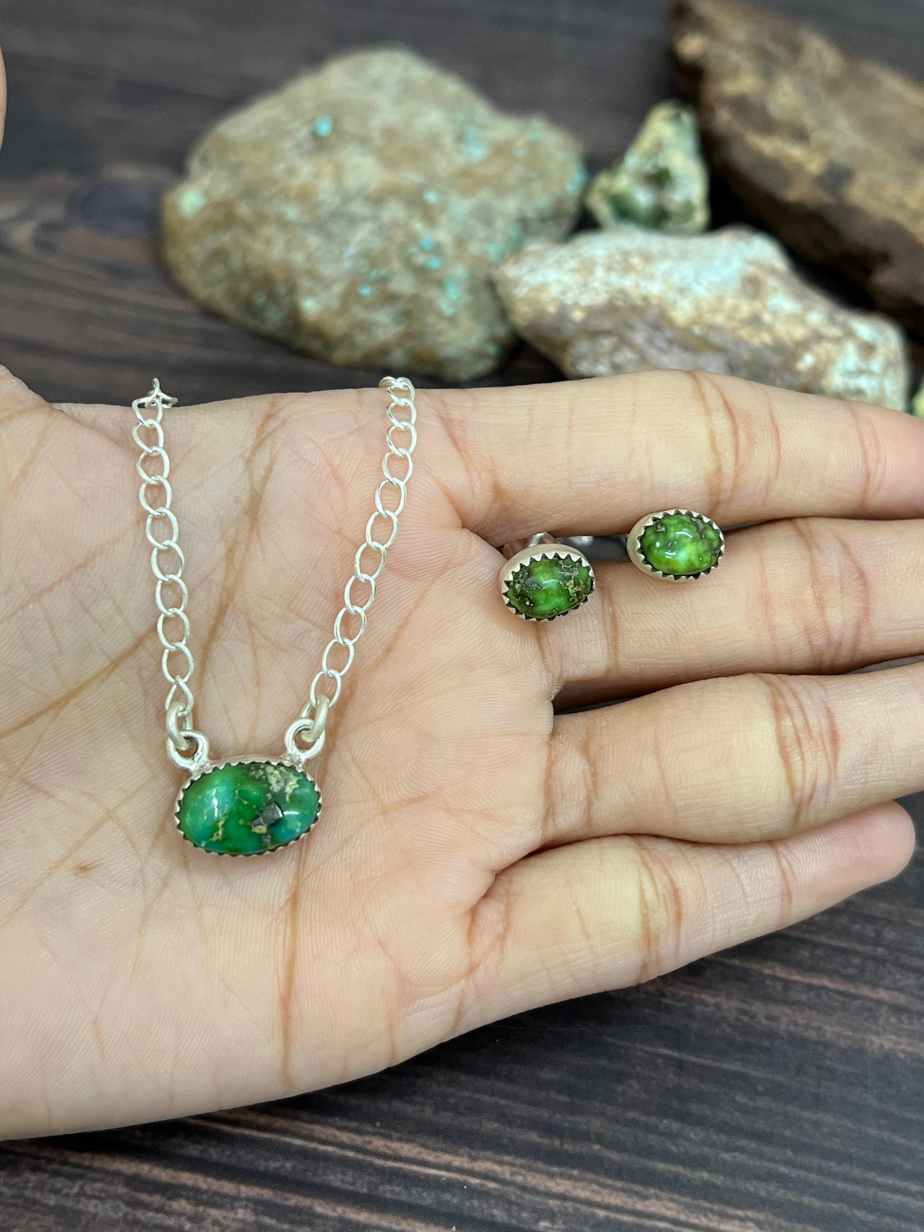 Handmade Sterling Silver Sonoran Mountain Turquoise Necklace Earrings Set with Signed Nizhoni