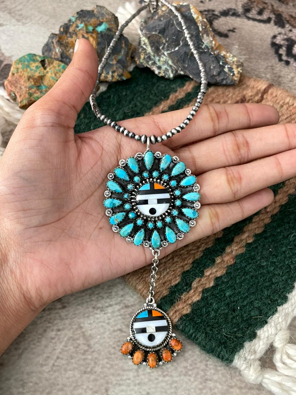 Handmade Sterling Silver Turquoise and MOP Beaded Necklace "Signed Nizhoni"