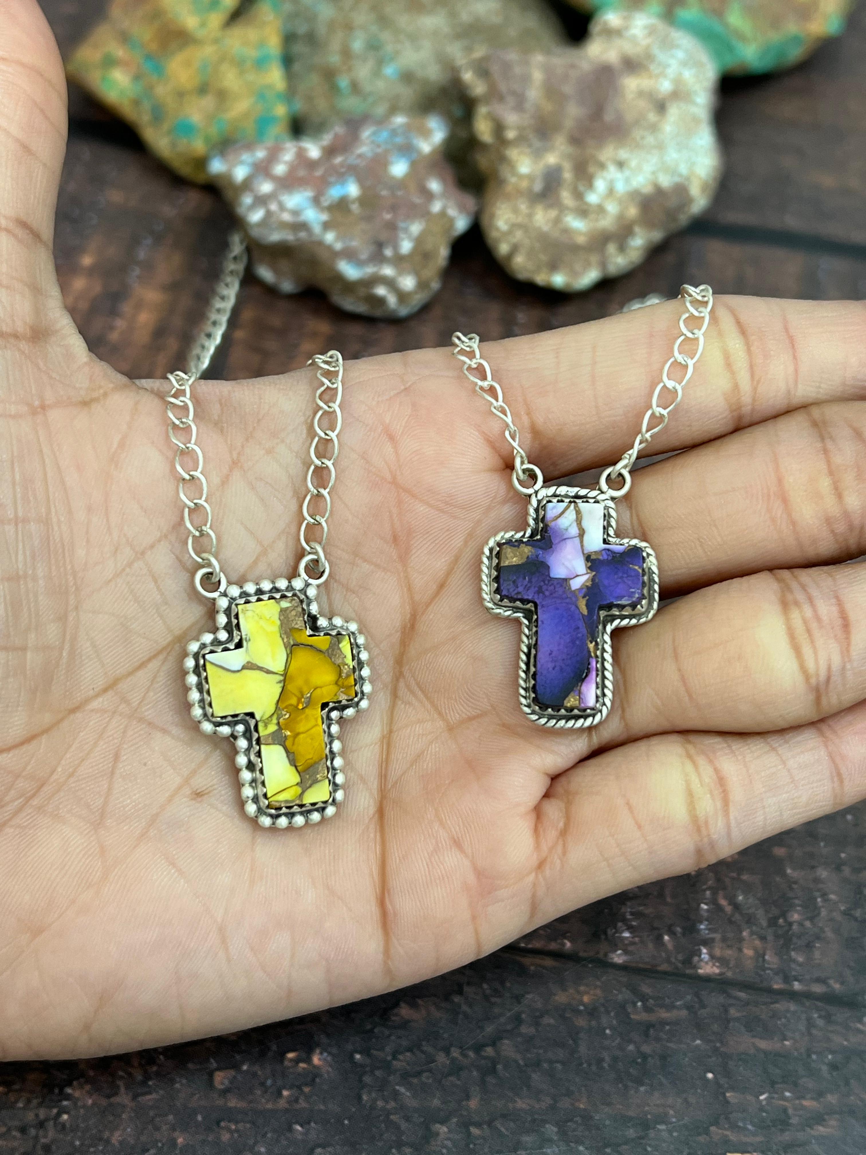 Handmade Sterling Silver Multi Gemstone Cross Necklace with Signed Nizhoni