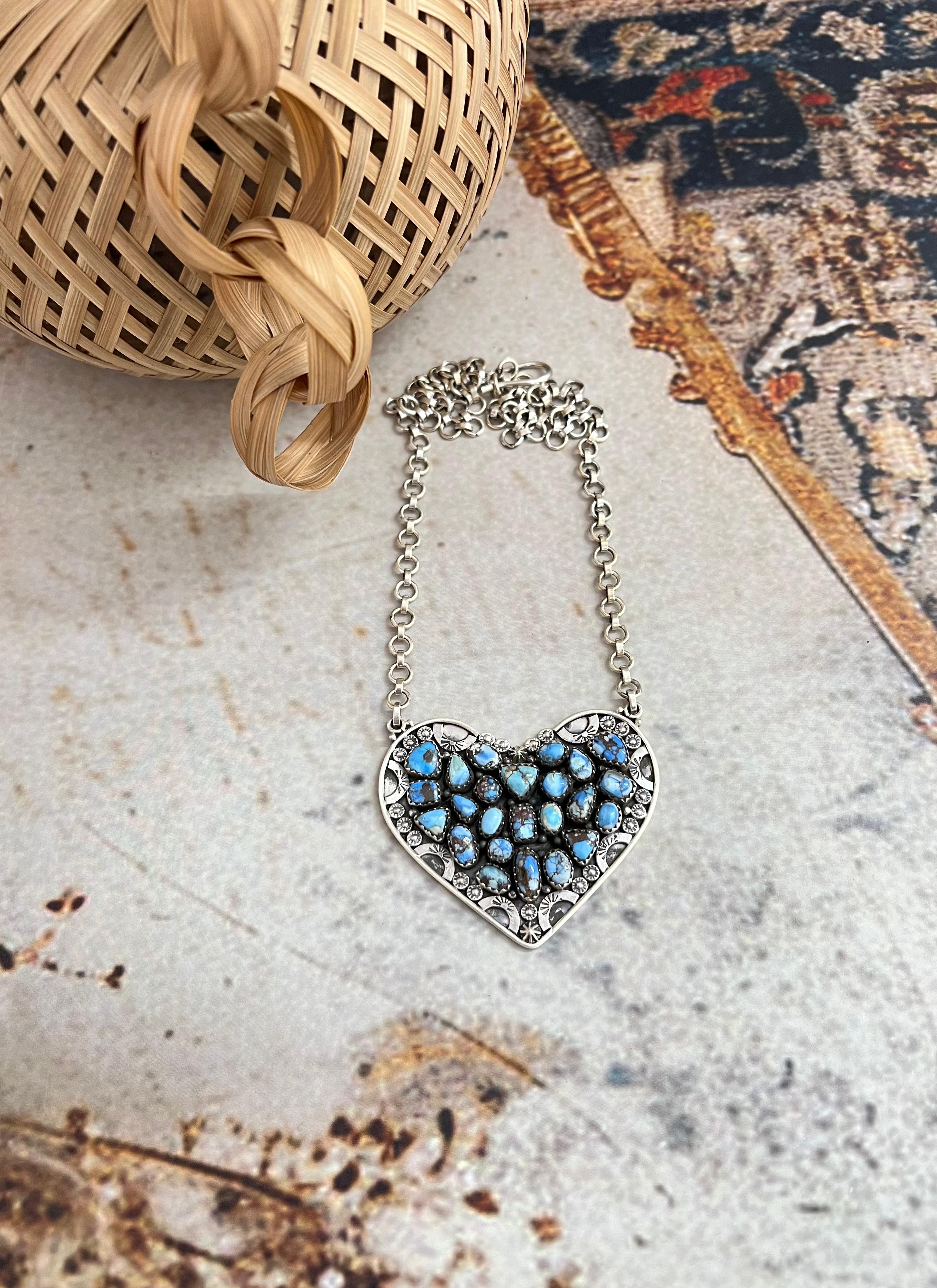 Handmade Sterling Silver Golden Hills Turquoise Heart Necklace with Signed Nizhoni