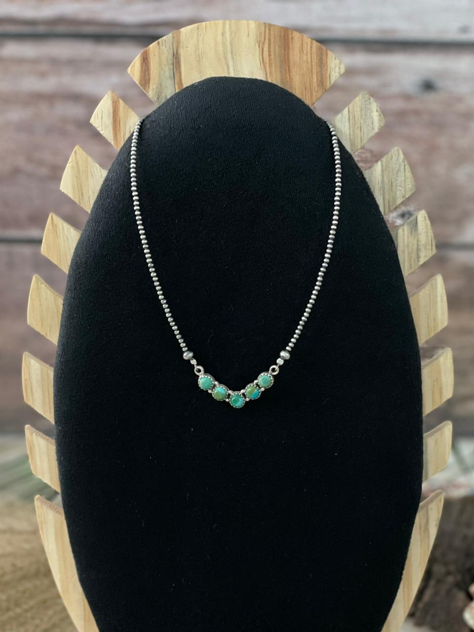 Handmade Sterling Silver Kingman Turquoise Beaded Necklace "Signed Nizhoni"