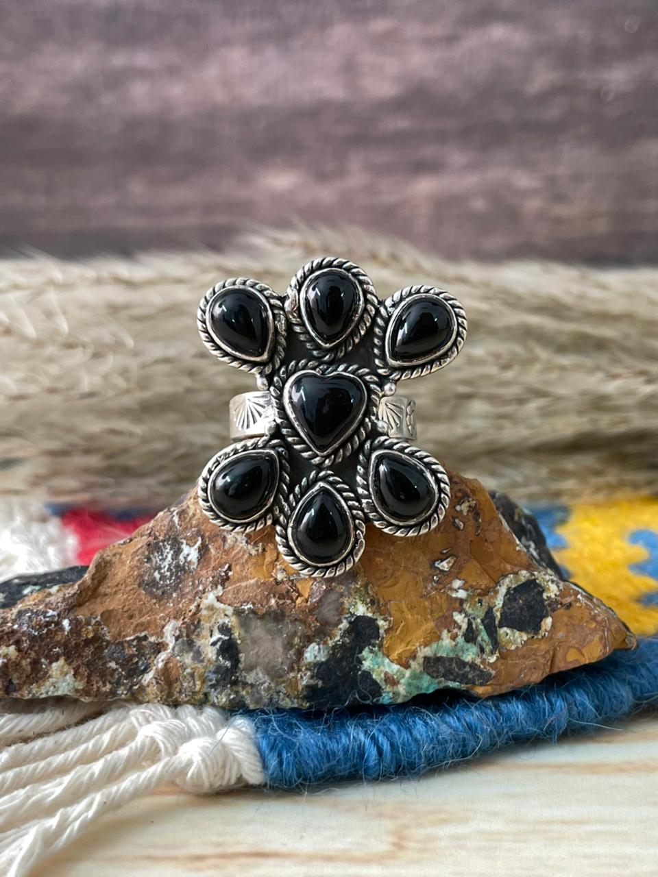 Handmade Sterling Silver Black Onyx Adjustable Ring "Signed Nizhoni"