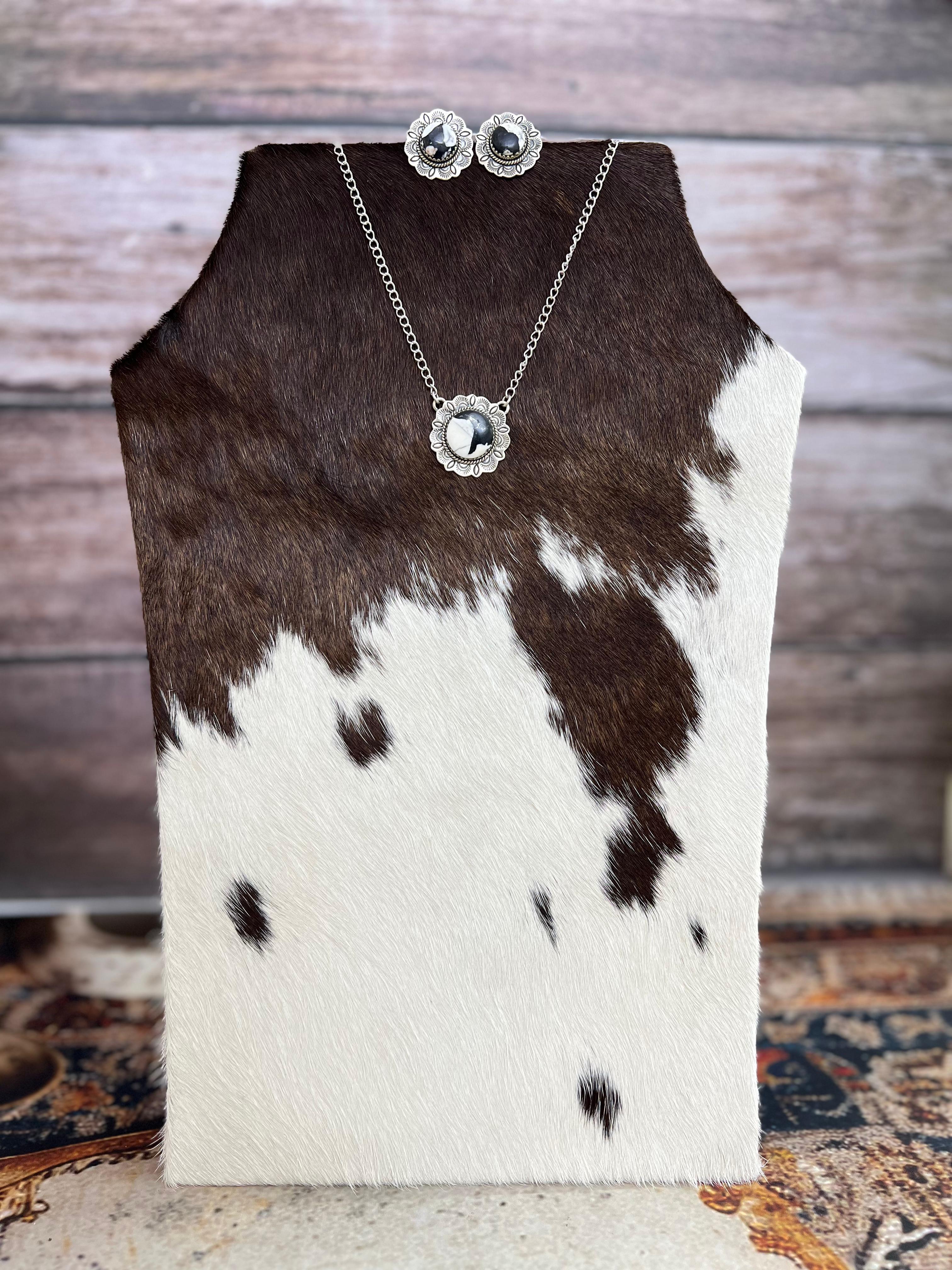 Handmade Sterling Silver White Buffalo Necklace Earrings Set with Signed Nizhoni