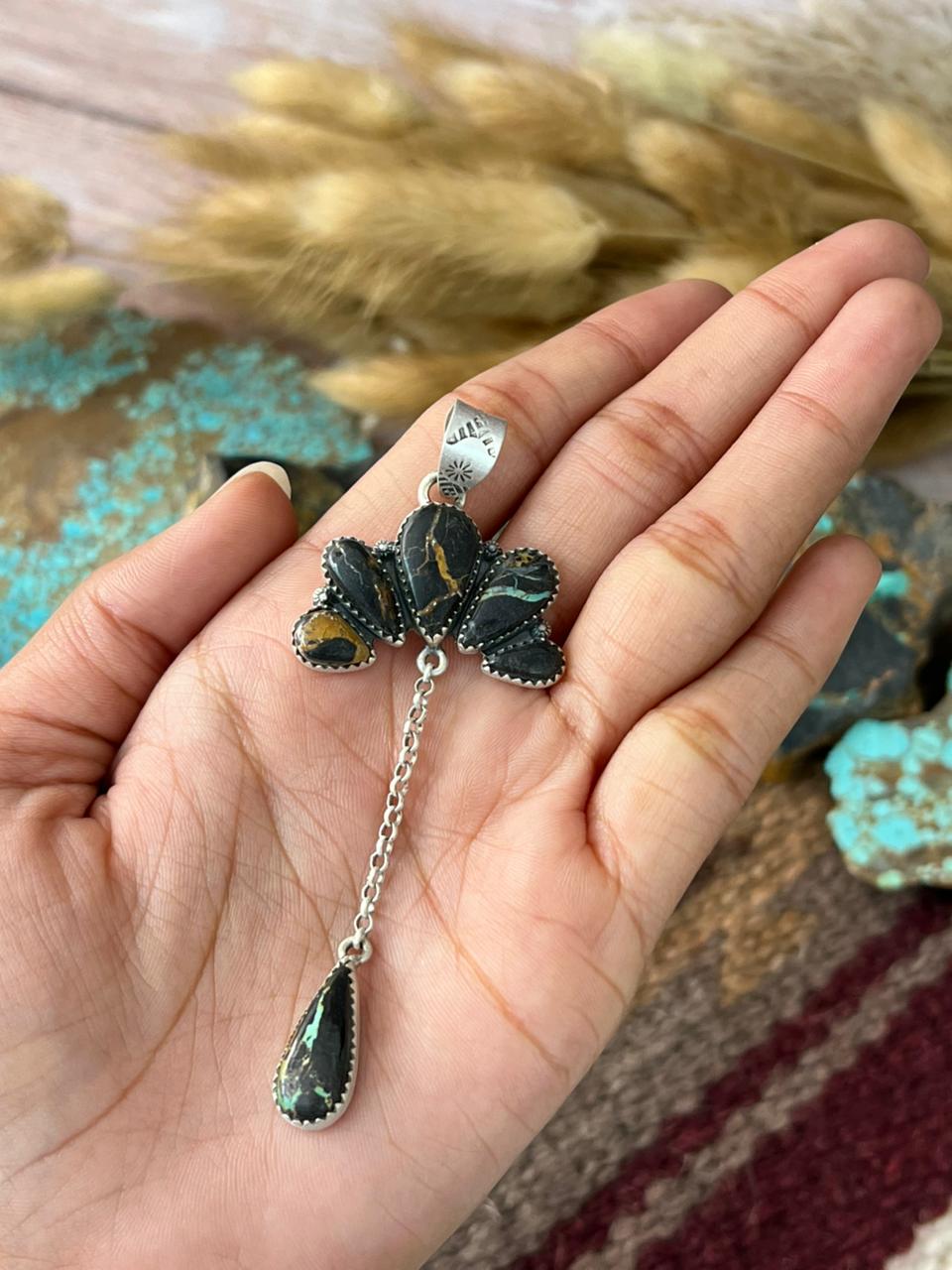 Handmade Sterling Silver Blackjack Turquoise Drop Pendant "Signed Nizhoni"