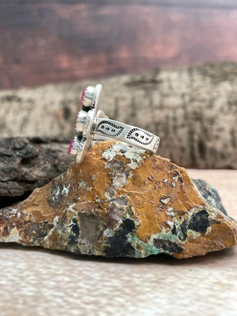 Handmade Sterling Silver Hot Pink with Arizona Turquoise Adjustable Ring "Signed Nizhoni"