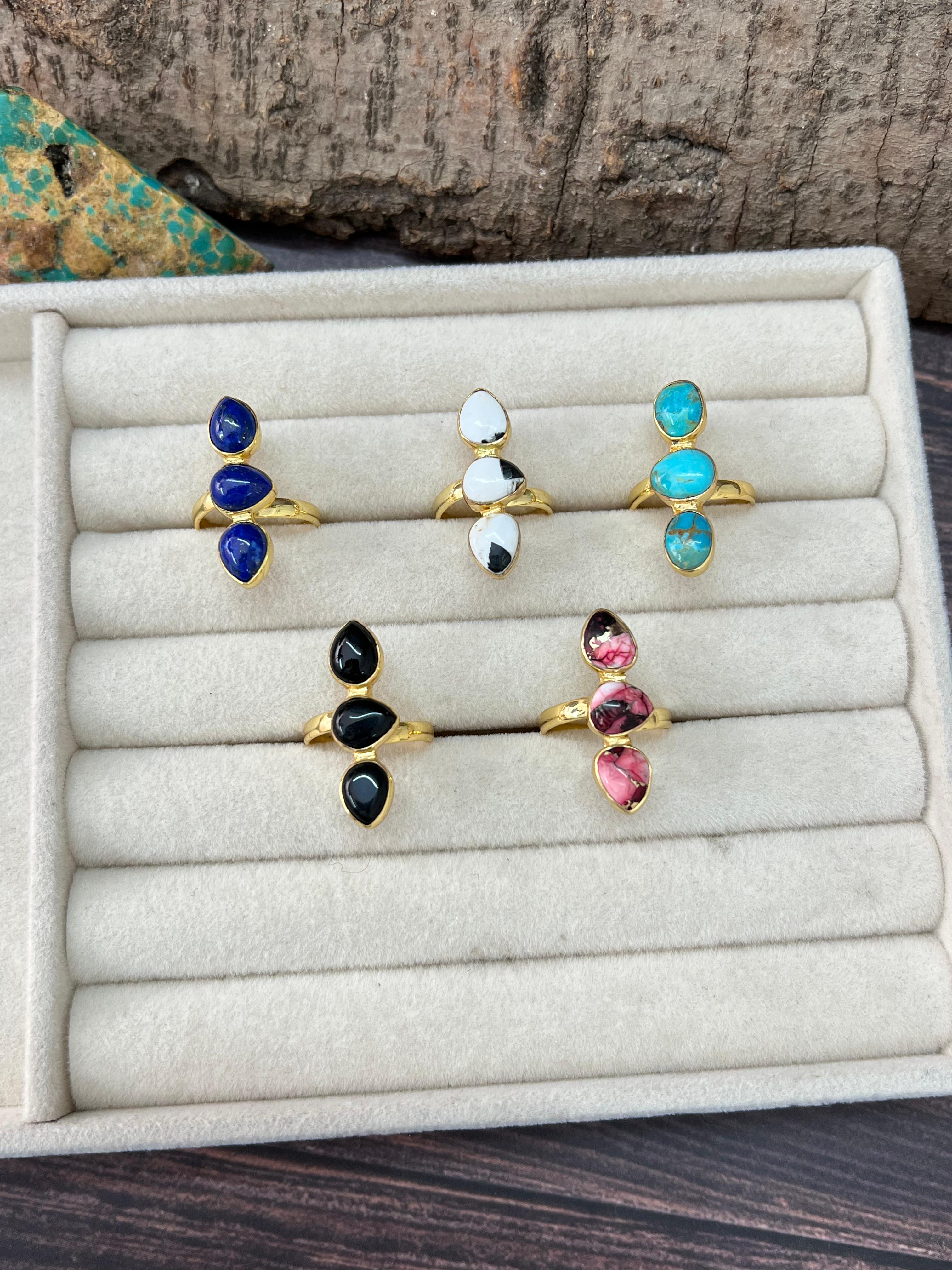 “The Golden Collection” Natural Multi Stone Adjustable 3 Stone Ring