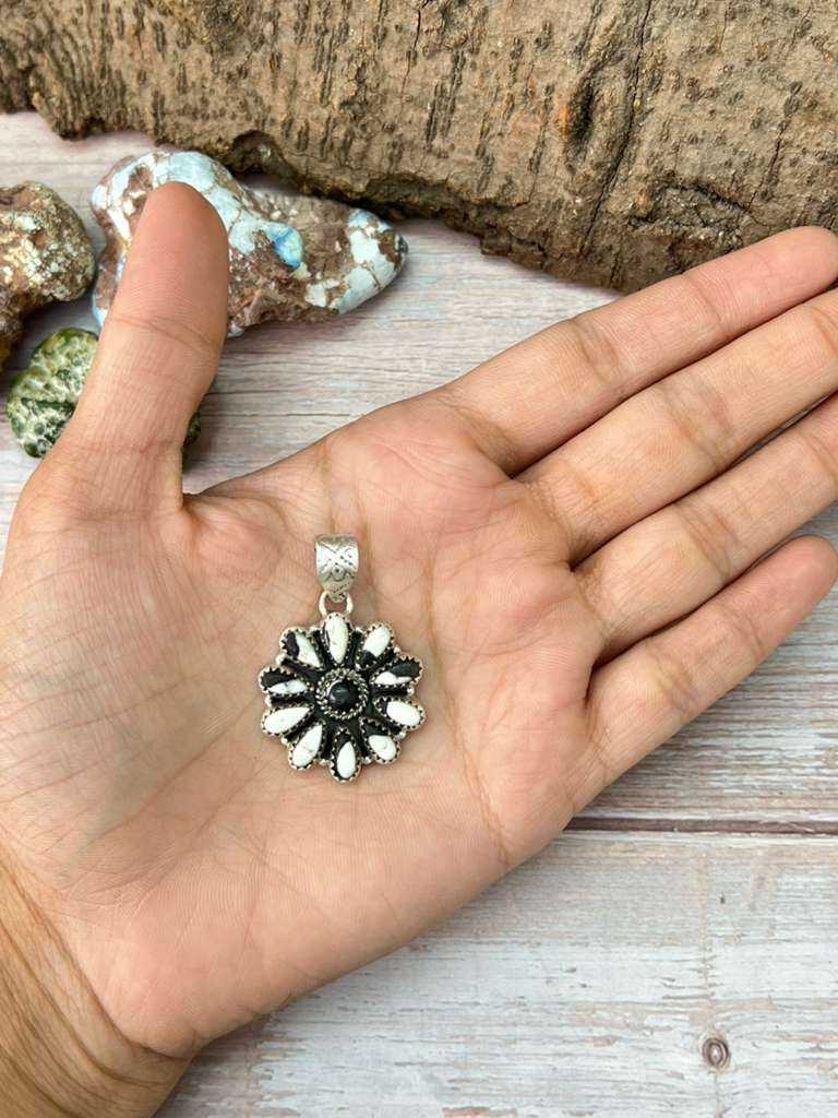 Handmade Sterling Silver White Buffalo Turquoise Pendant with Signed Nizhoni