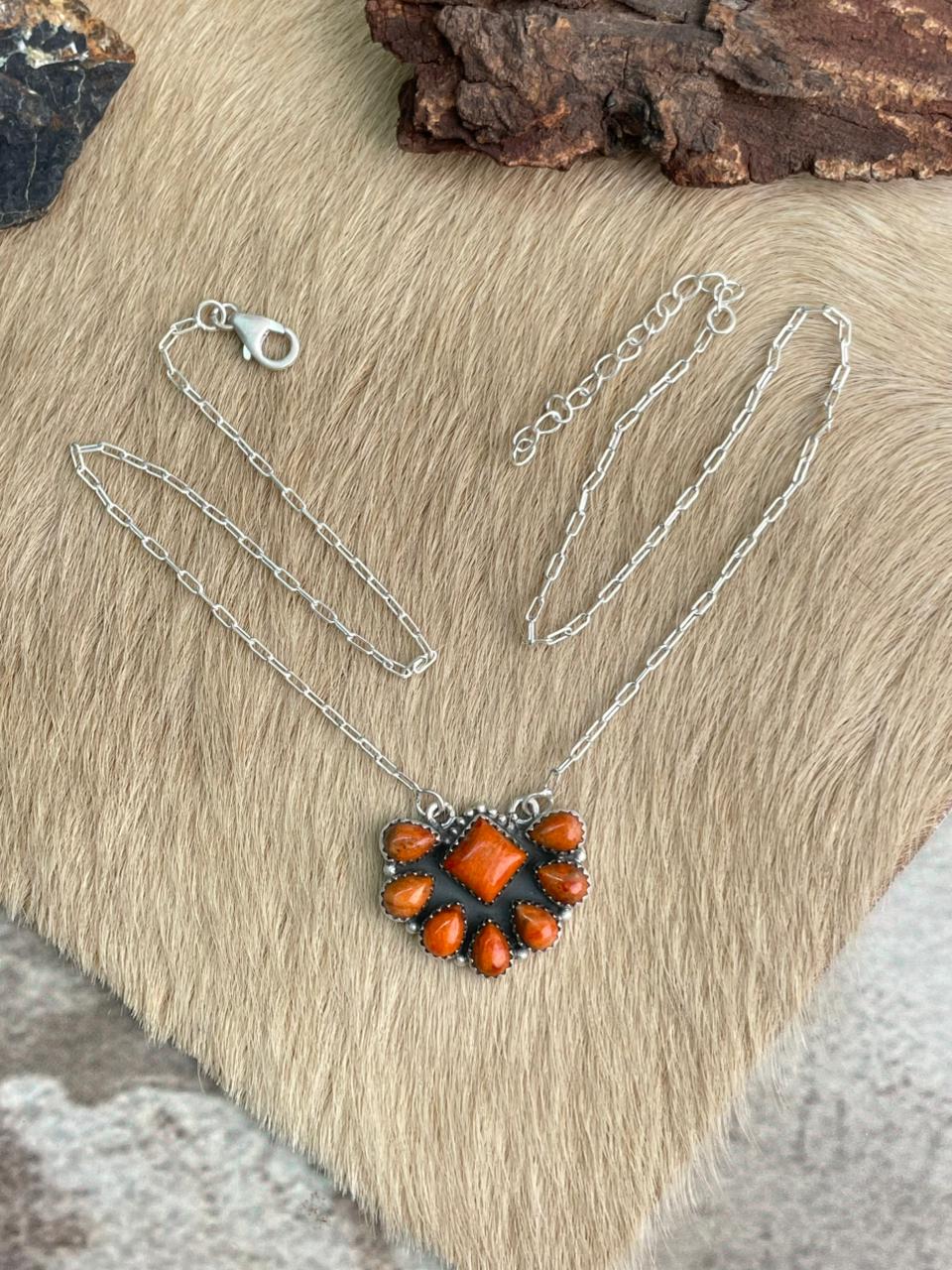 Handmade Sterling Silver Orange Mojave Necklace "Signed Nizhoni"