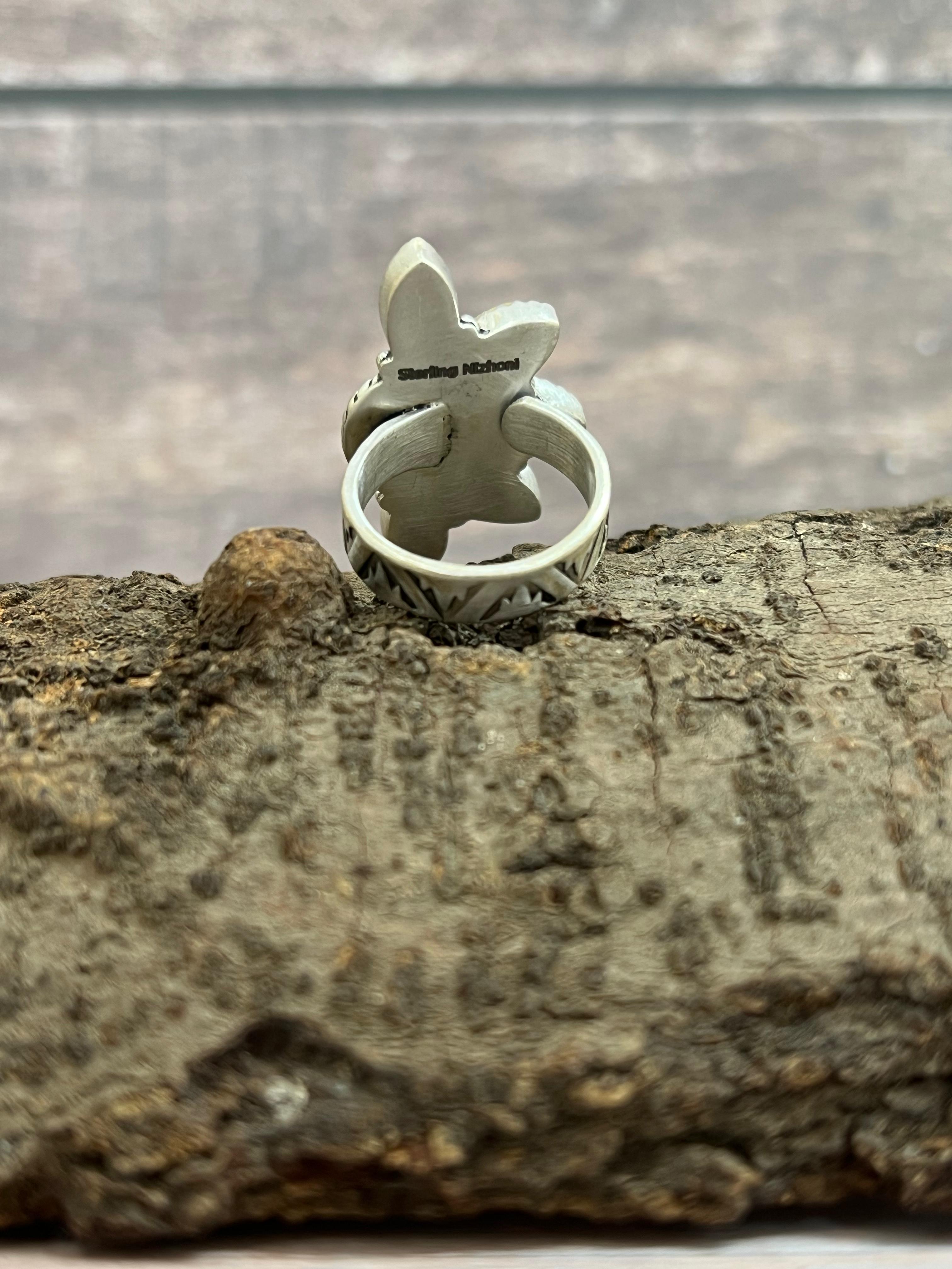 Handmade Sterling Silver Kingman Turquoise Adjustable Crescent Ring with Signed Nizhoni (6)