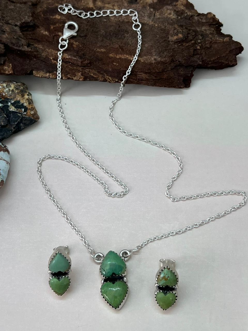 Handmade Sterling Silver Kingman Turquoise Necklace Earrings Set "Signed Nizhoni"