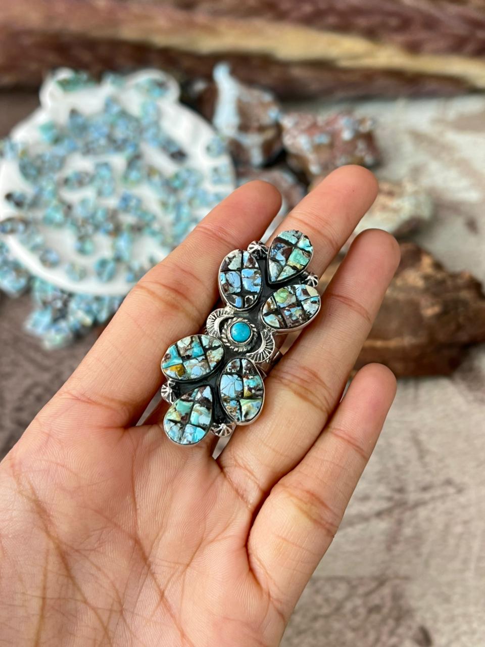 Handmade Sterling Silver 'Golden Hills Turquoise Cobble Collection' Adjustable Ring "Signed Nizhoni"
