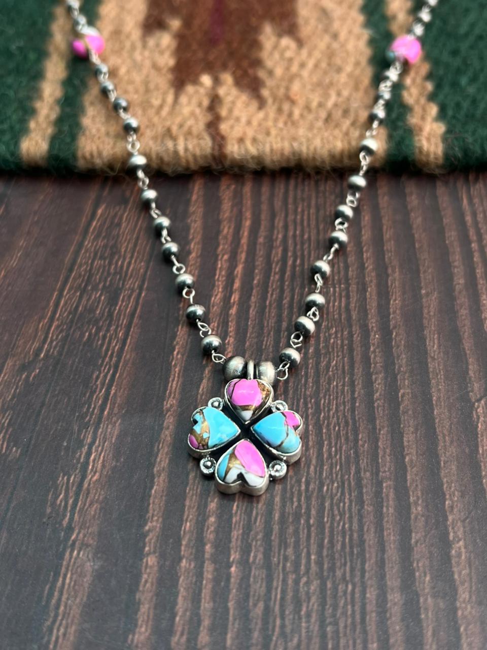 "Heart Collection" Handmade Sterling Silver Cotton Candy Necklace with Beads Chain "Signed Nizhoni"