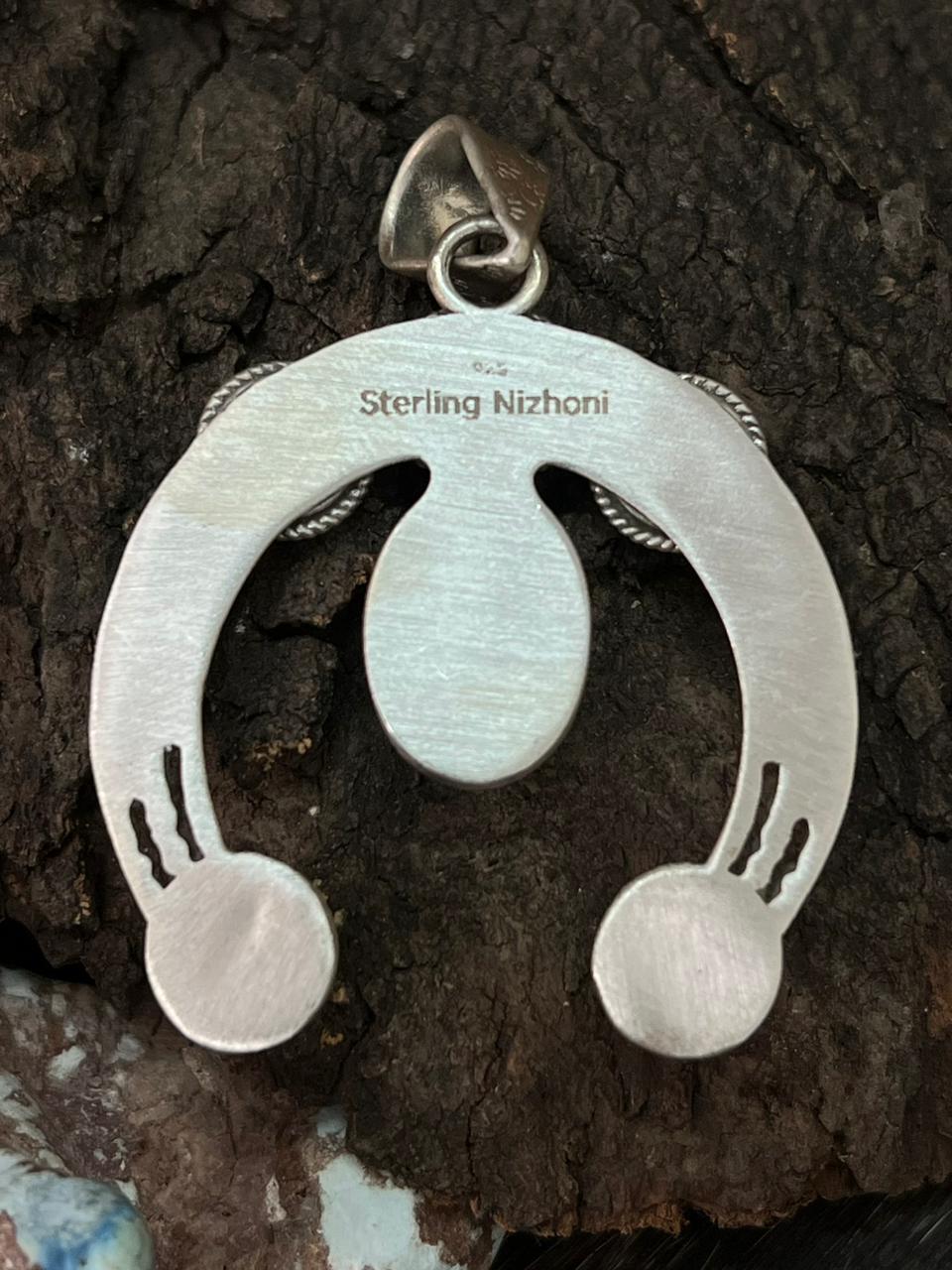Handmade Sterling Silver Kingman Turquoise Naja Pendant "Signed Nizhoni" (3)