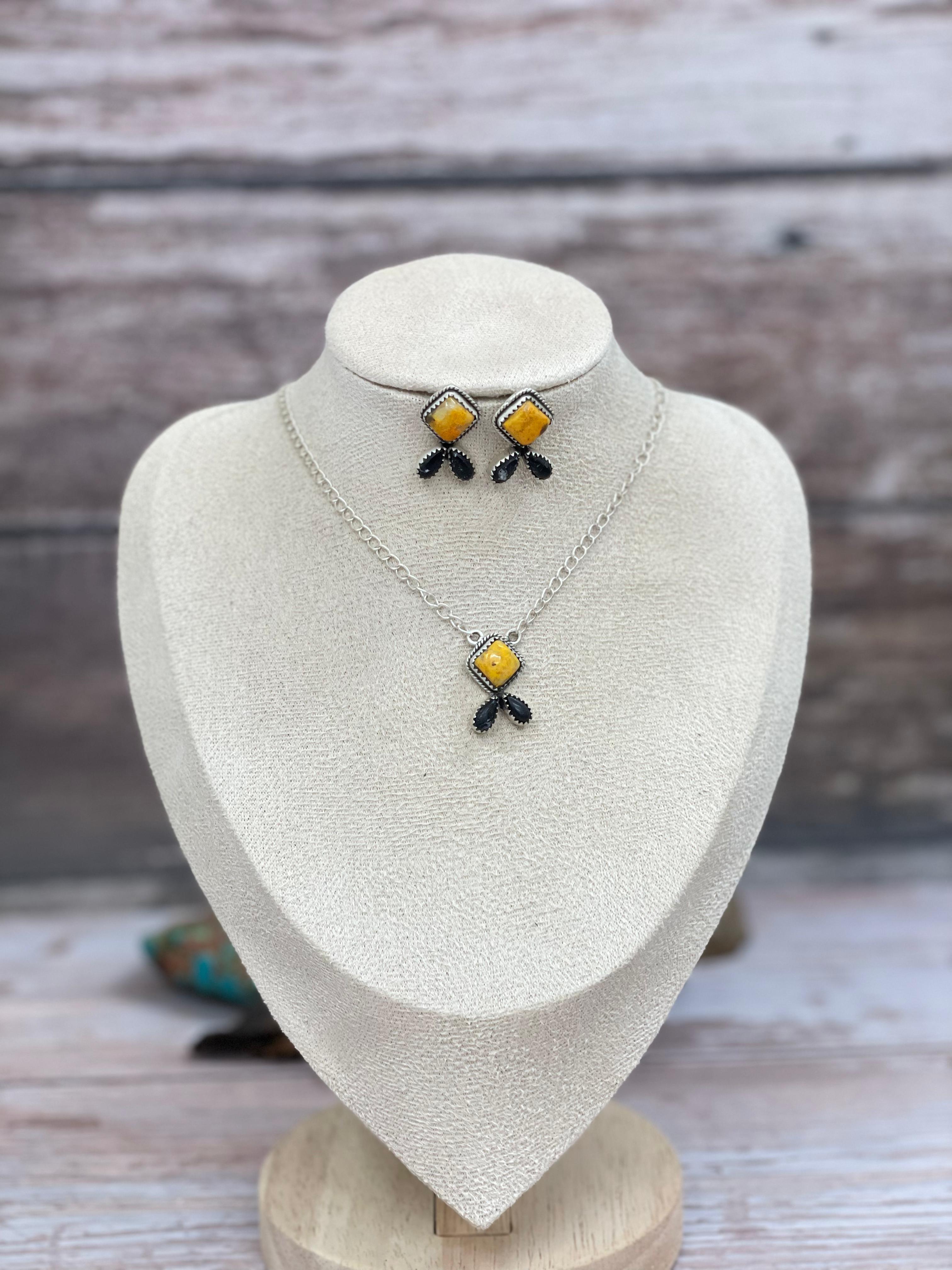 "Halloween Collection" Handmade Sterling Silver Black Onyx, Bumblebee Necklace Earring Set, Signed Nizhoni
