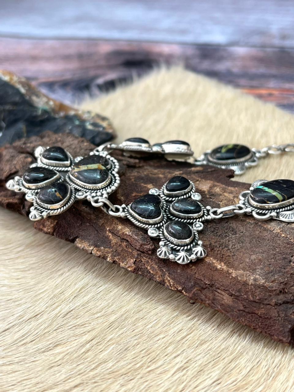 Handmade Sterling Silver Blackjack Turquoise Choker Necklace "Signed Nizhoni"