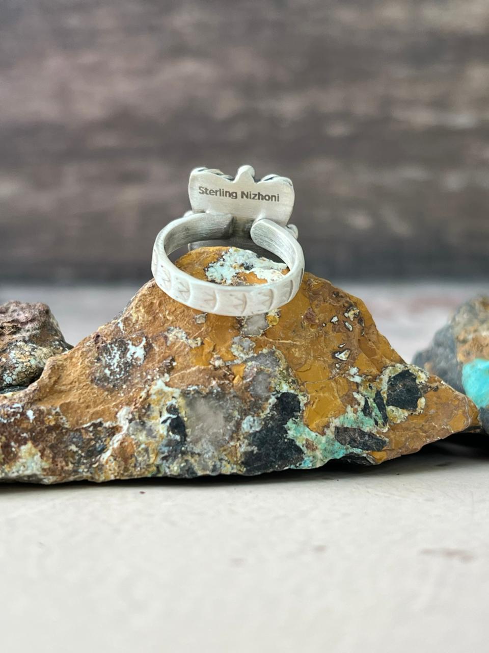 Handmade Sterling Silver White Buffalo Turquoise Adjustable Ring "Signed Nizhoni"