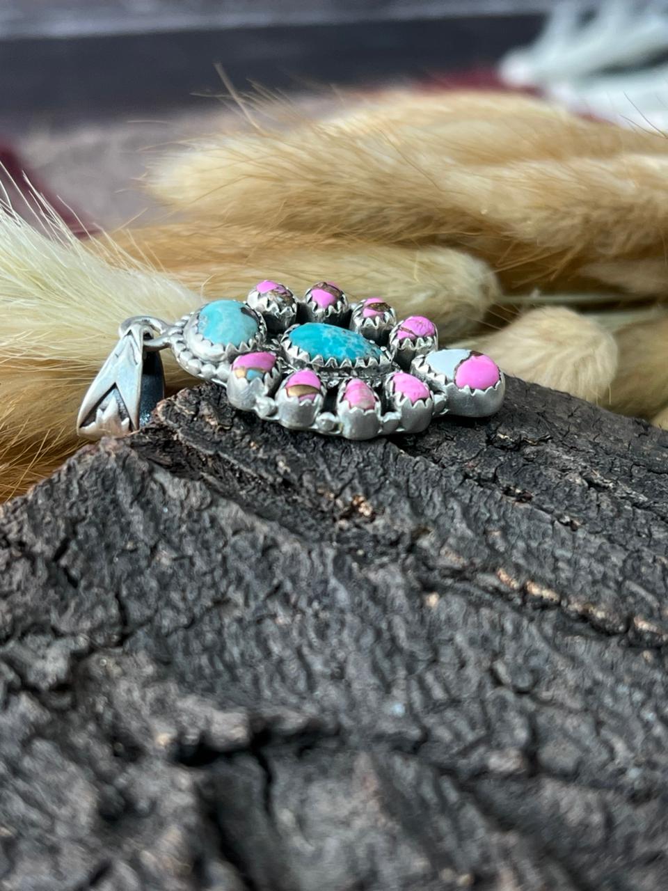 Handmade Sterling Silver White Water Turquoise with Cotton Candy Pendant "Signed Nizhoni"