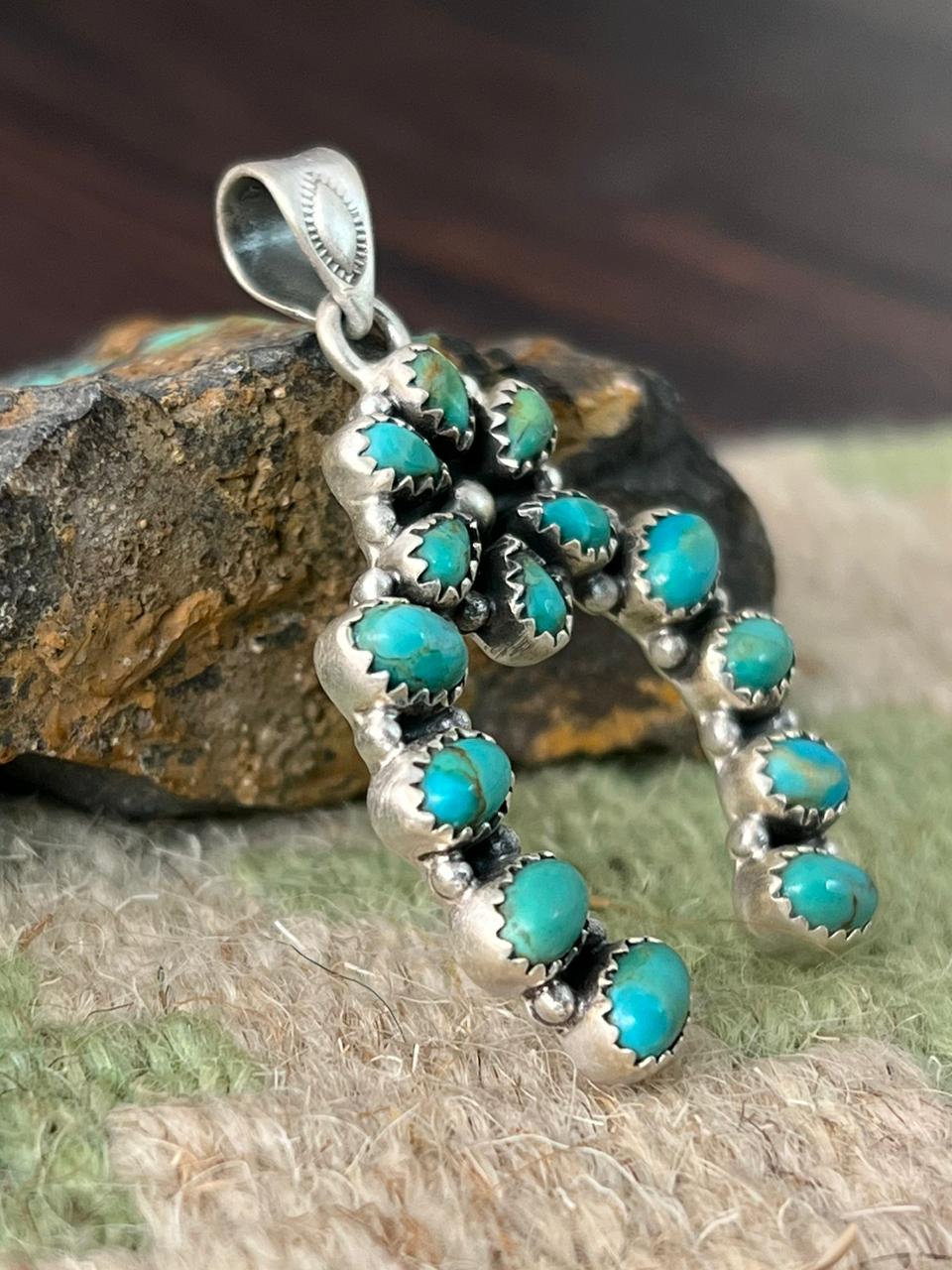 Handmade Sterling Silver Kingman Turquoise Naja Pendant "Signed Nizhoni"