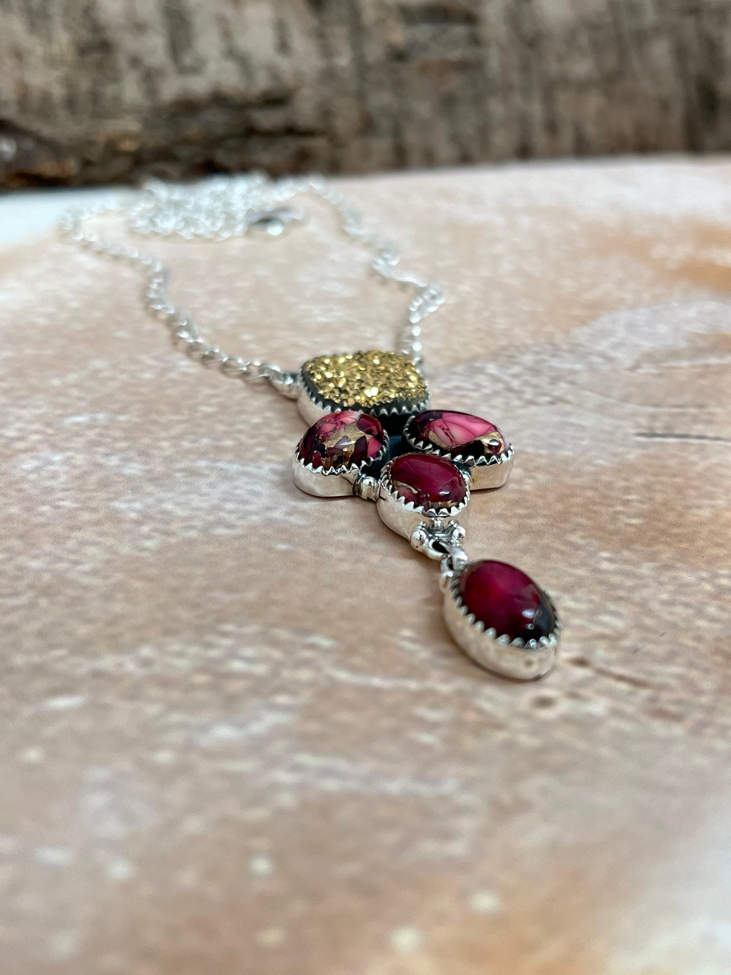 Handmade Sterling Silver Dahlia Rose with Druzy Necklace with Signed Nizhoni