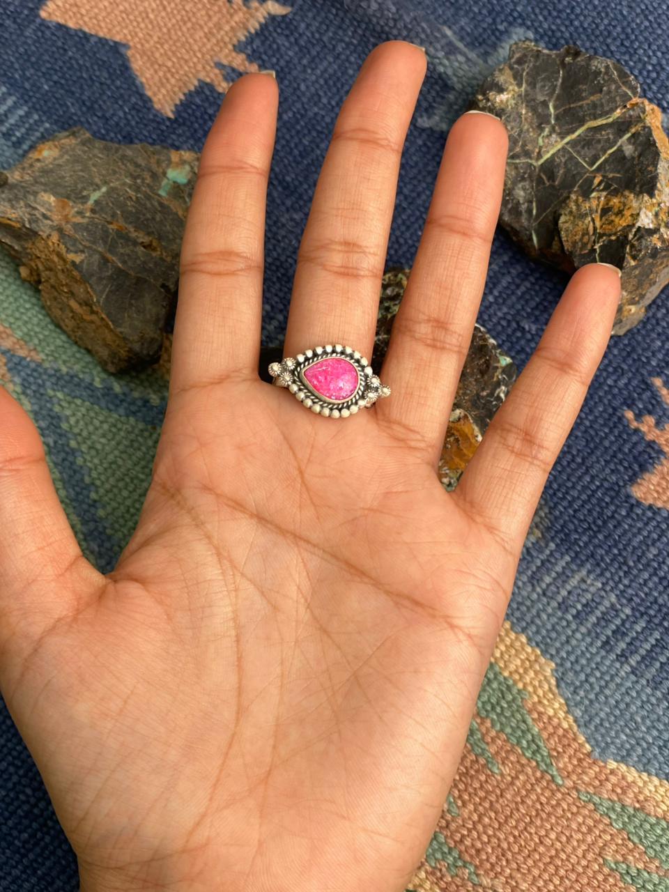 Handmade Sterling Silver Hot Pink Adjustable Ring " Signed Nizhoni"