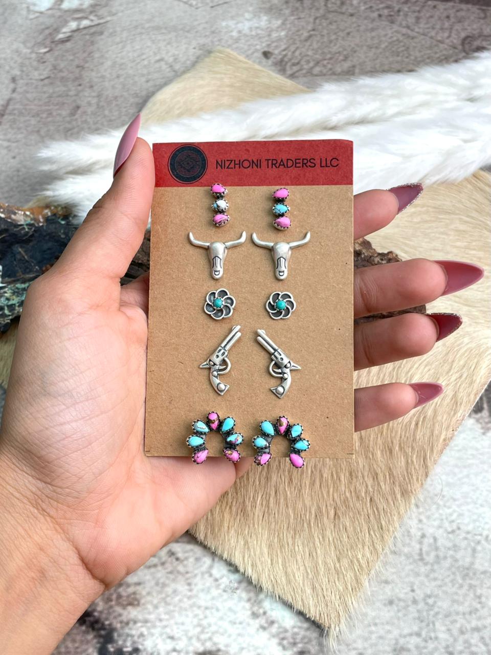 Handmade Sterling Silver, Cotton Candy and Kingman Post Studs Earrings Set