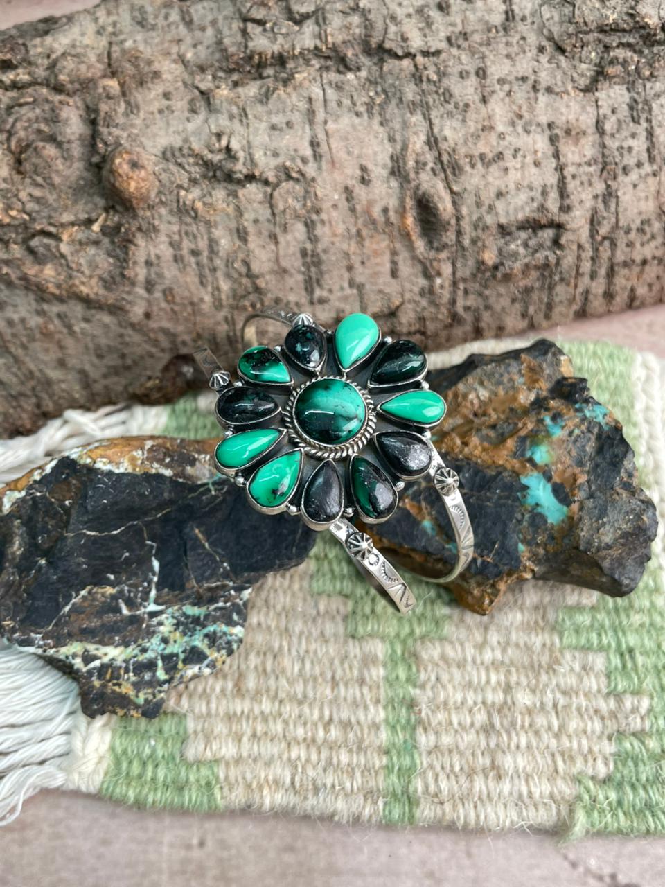 Handmade Sterling Silver Emerald Rose Cuff Bracelet "Signed Nizhoni"