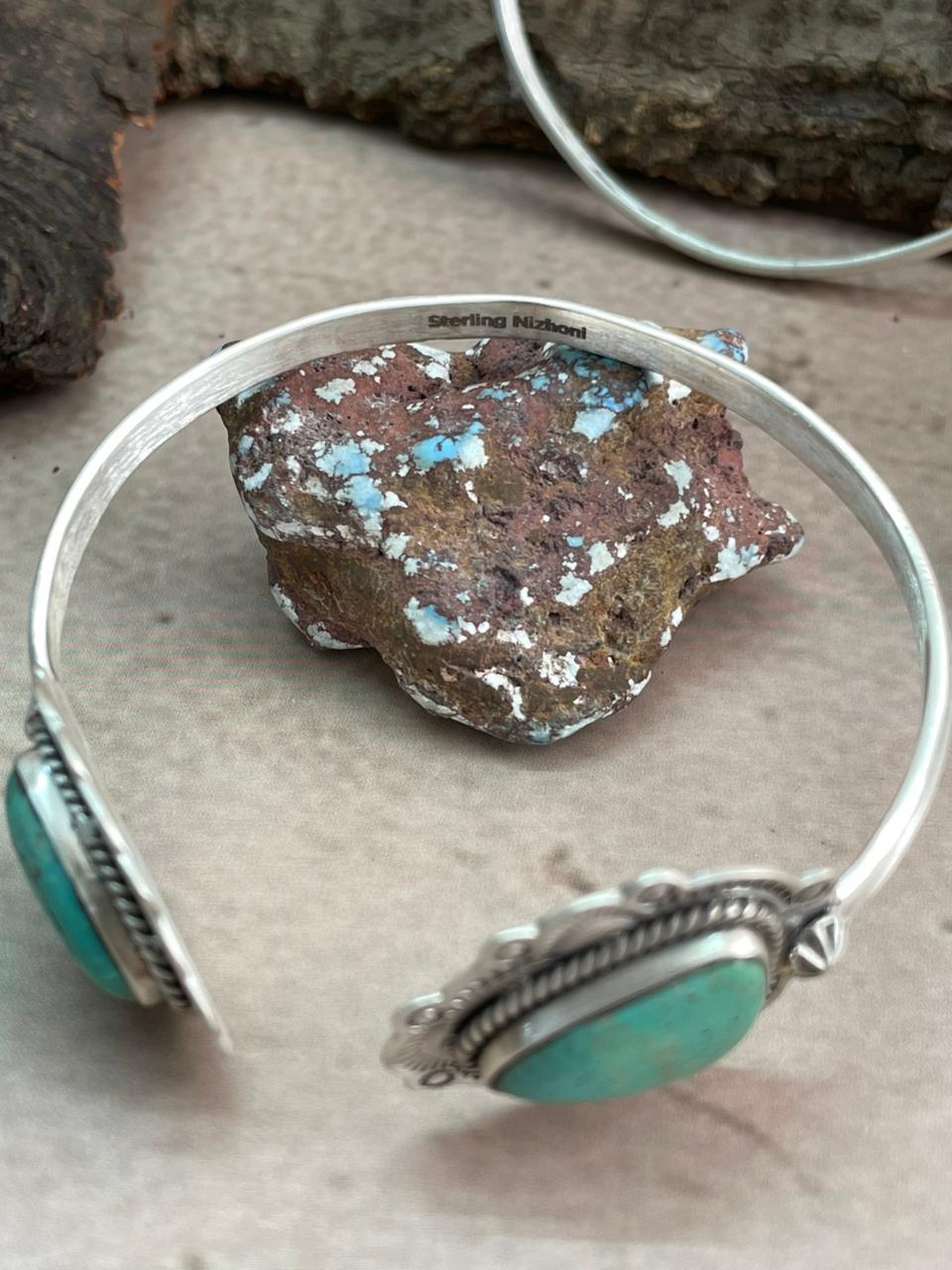 Handmade Sterling Silver Mantis Turquoise Cuff Bracelet with Signed Nizhoni