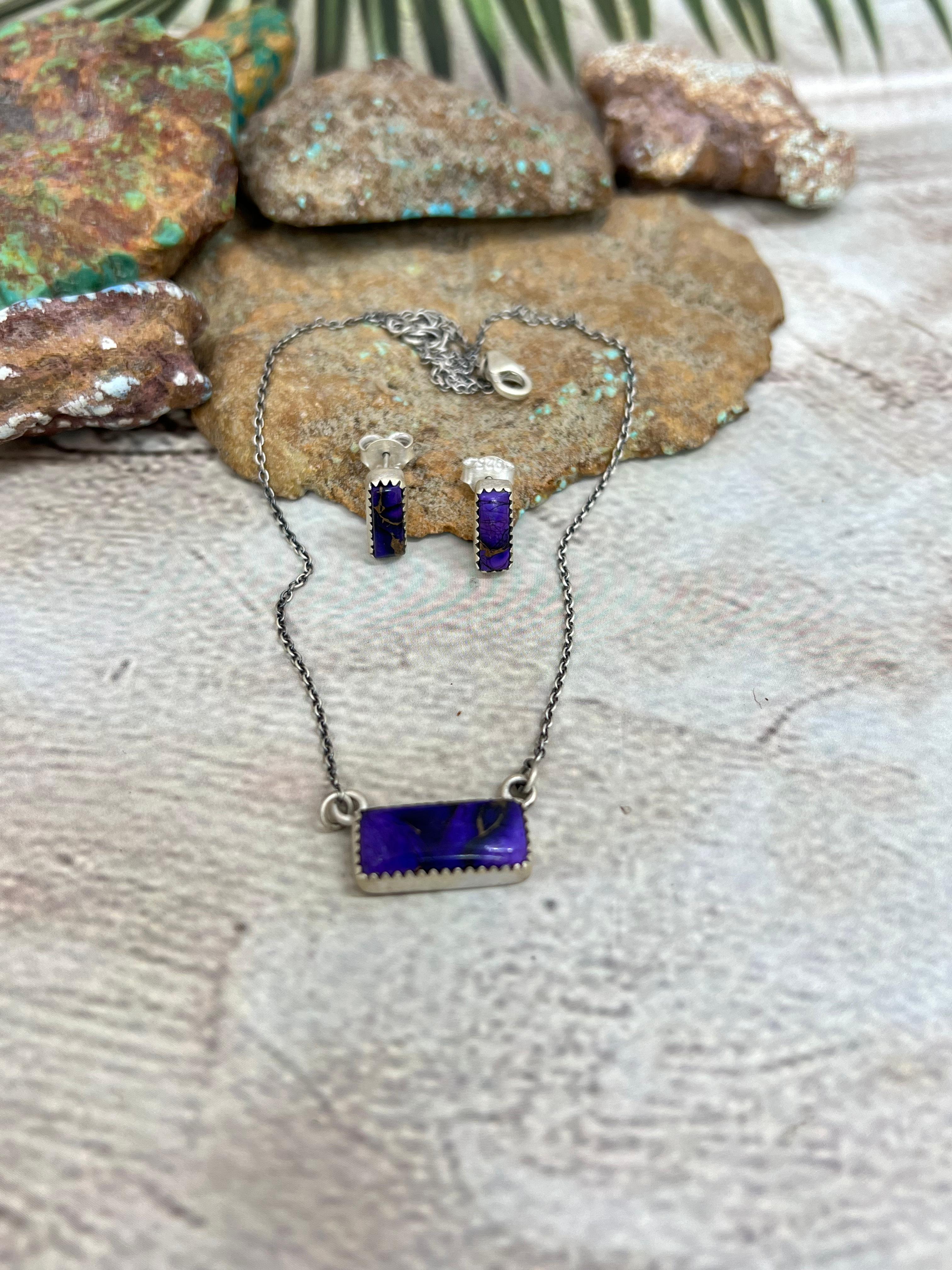 Handmade Sterling Silver Grape Dahlia Necklace Earrings Set, Signed Nizhoni