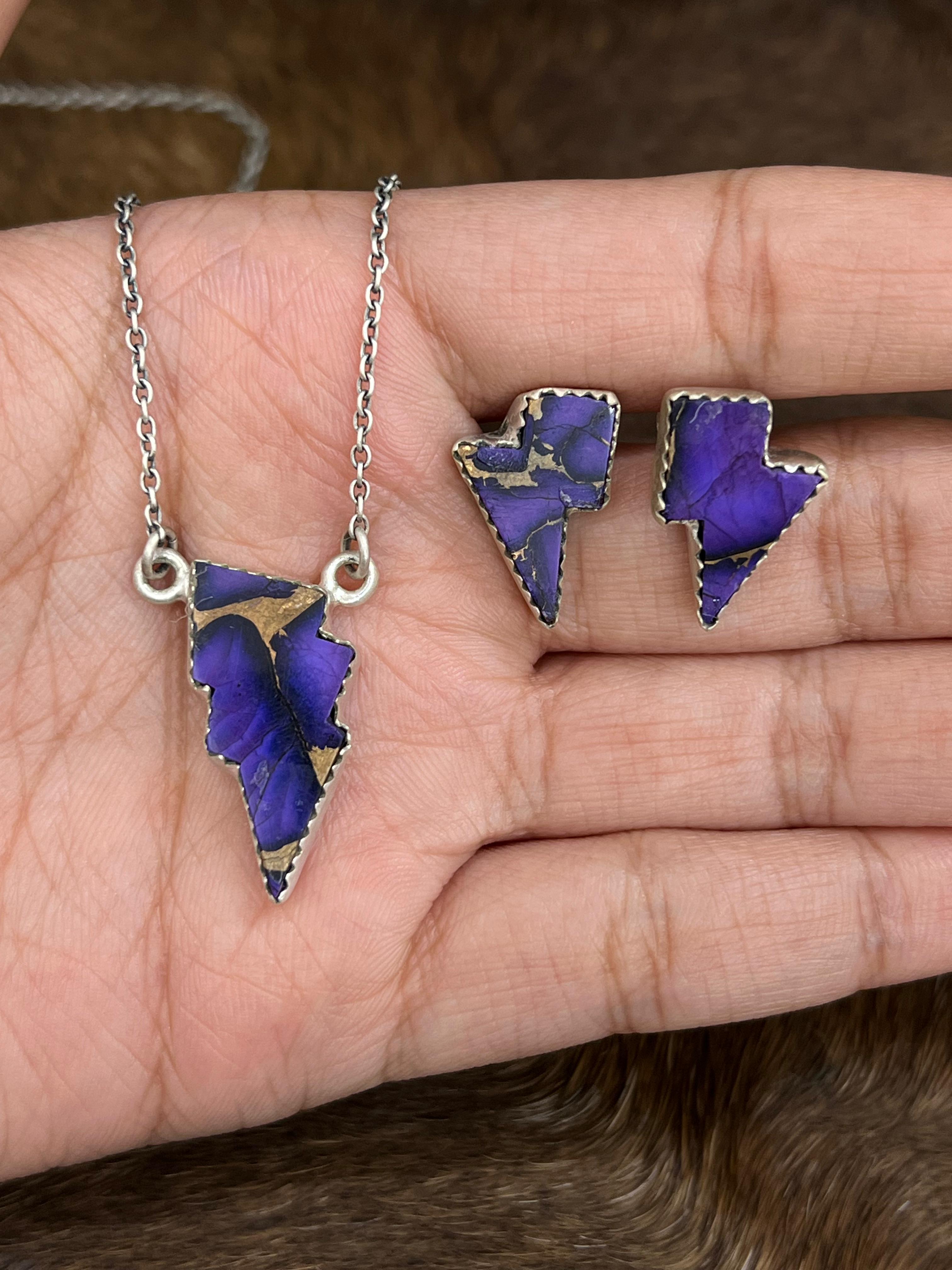 Handmade Sterling Silver Grape Dahlia Lightening Bolt Necklace Earrings Set, Signed Nizhoni