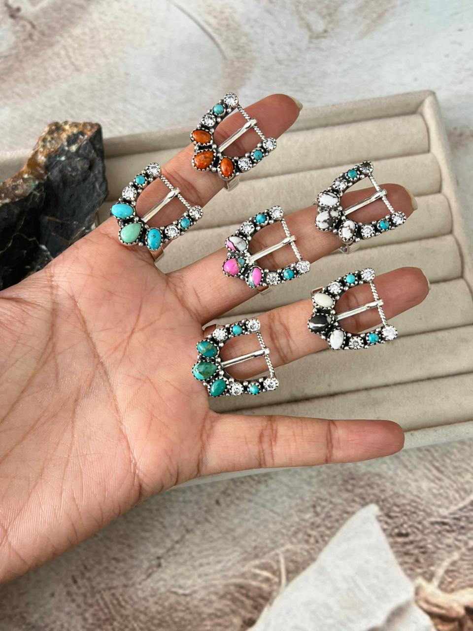 Handmade Sterling Silver Multi Stone Adjustable Buckle Ring " Signed Nizhoni"