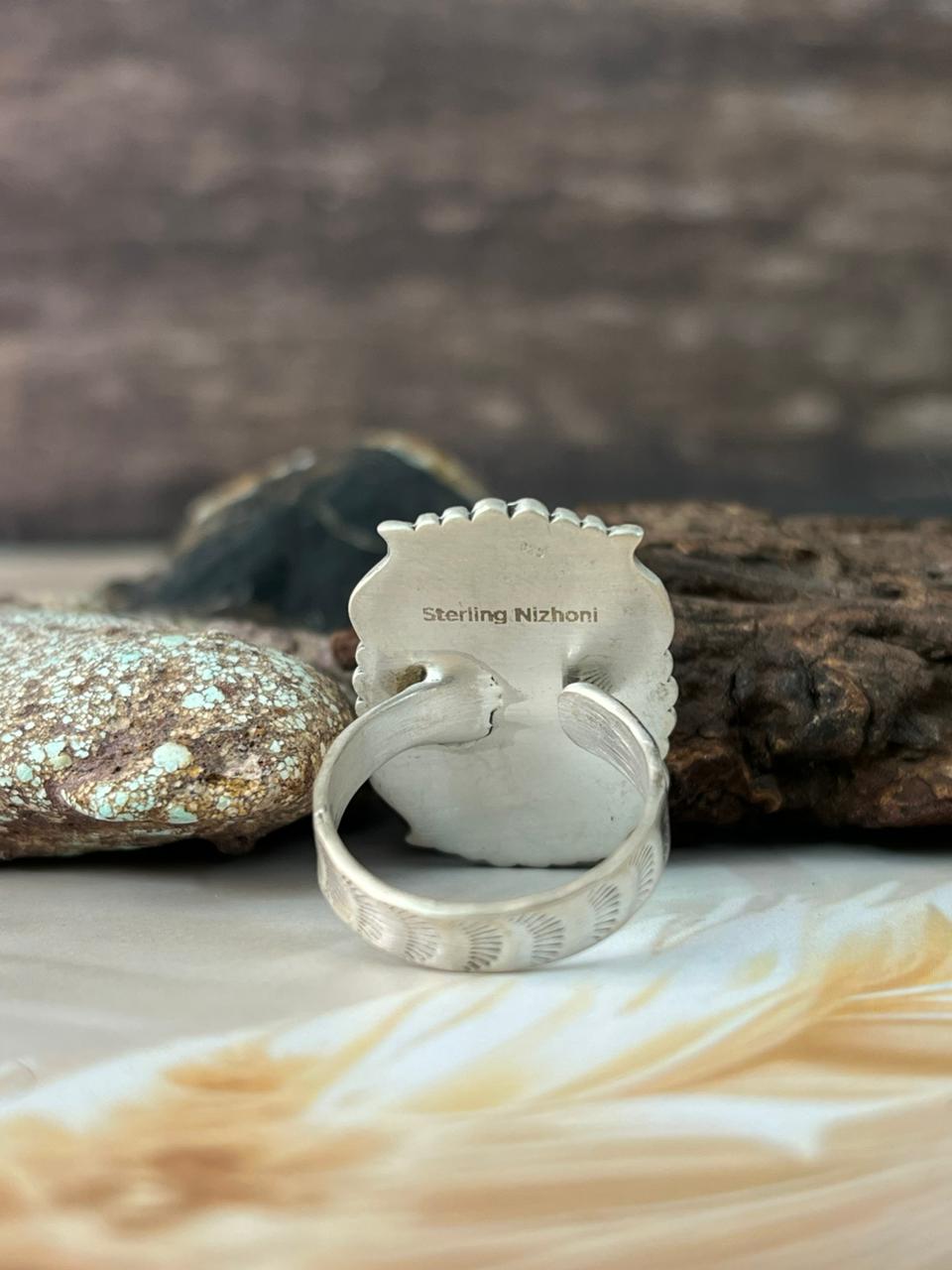 Handmade Sterling Silver Kingman Turquoise Adjustable Ring "Signed Nizhoni"