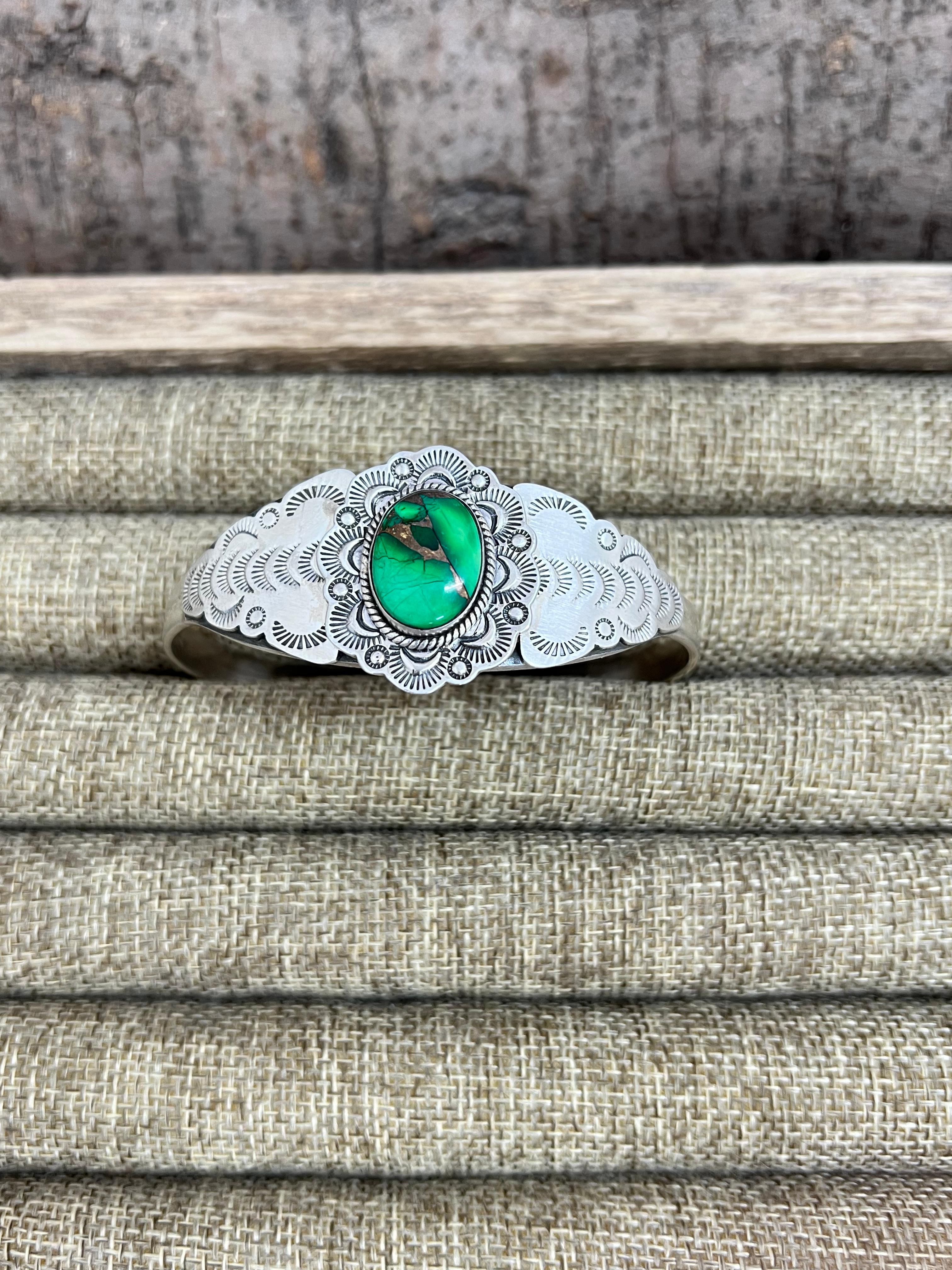 Handmade Sterling Silver Kelly Green Dahlia Cuff Bracelet with Signed Nizhoni