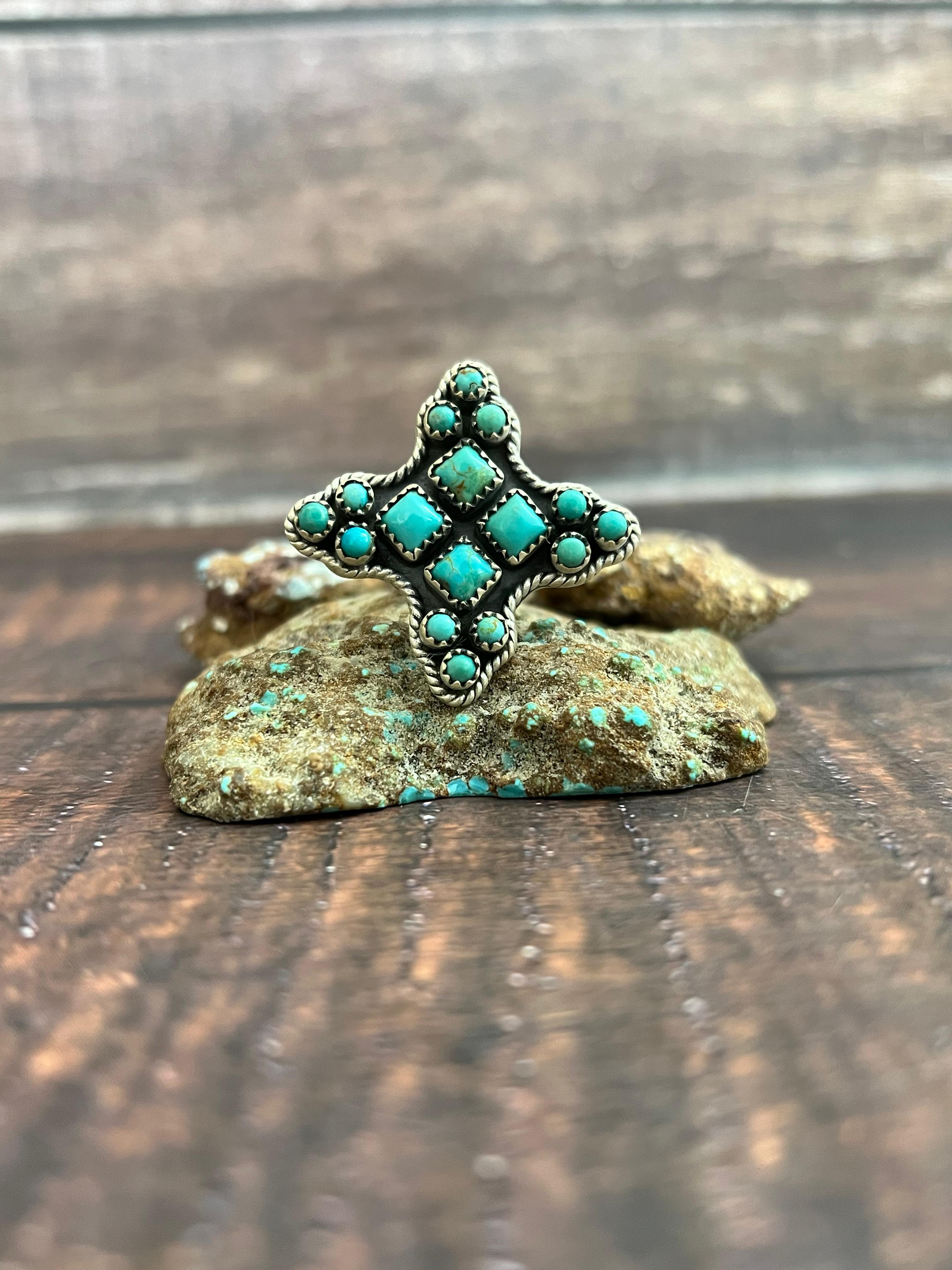 Handmade Sterling Silver Kingman Turquoise Adjustable Ring, Signed Nizhoni