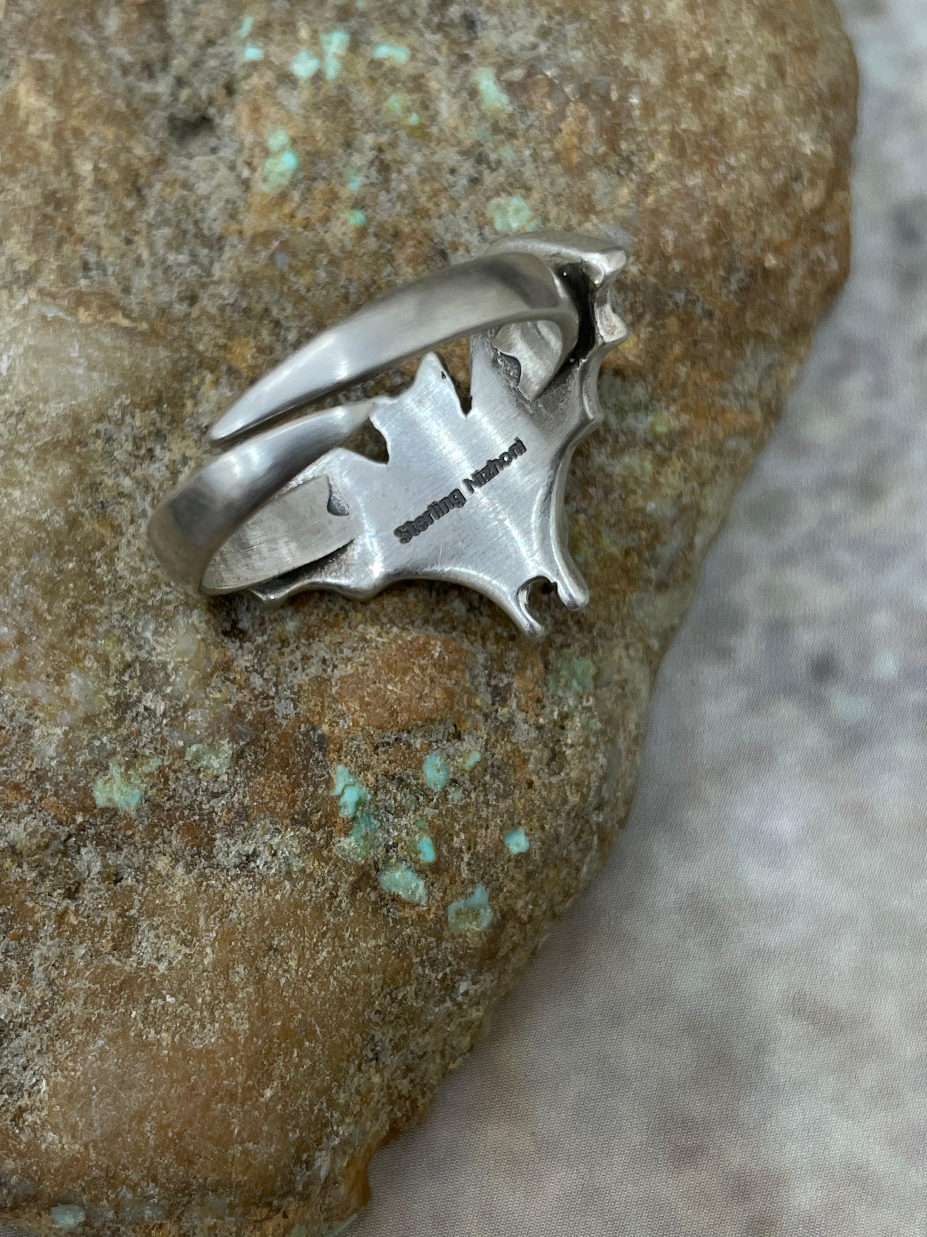 "Halloween Collection" Handmade Sterling Silver Black Onyx Bat Ring with Signed Nizhoni