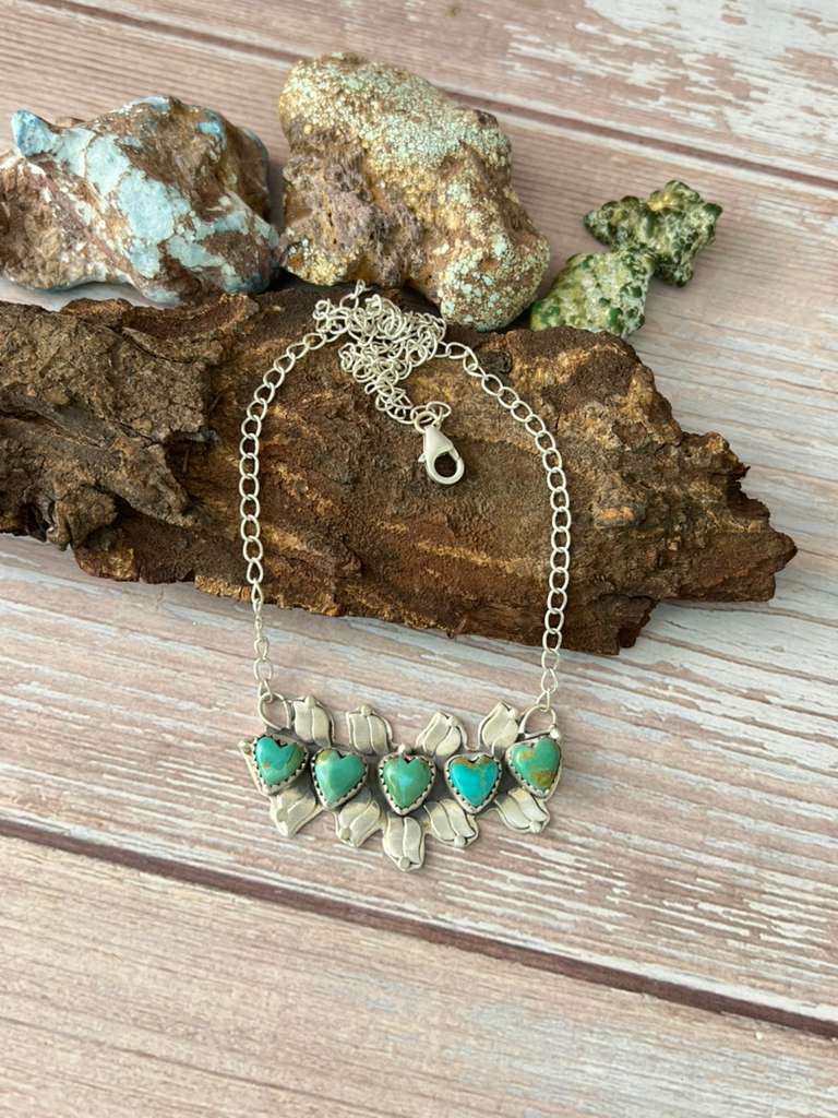 Handmade Sterling Silver Kingman Turquoise Necklace with Signed Nizhoni