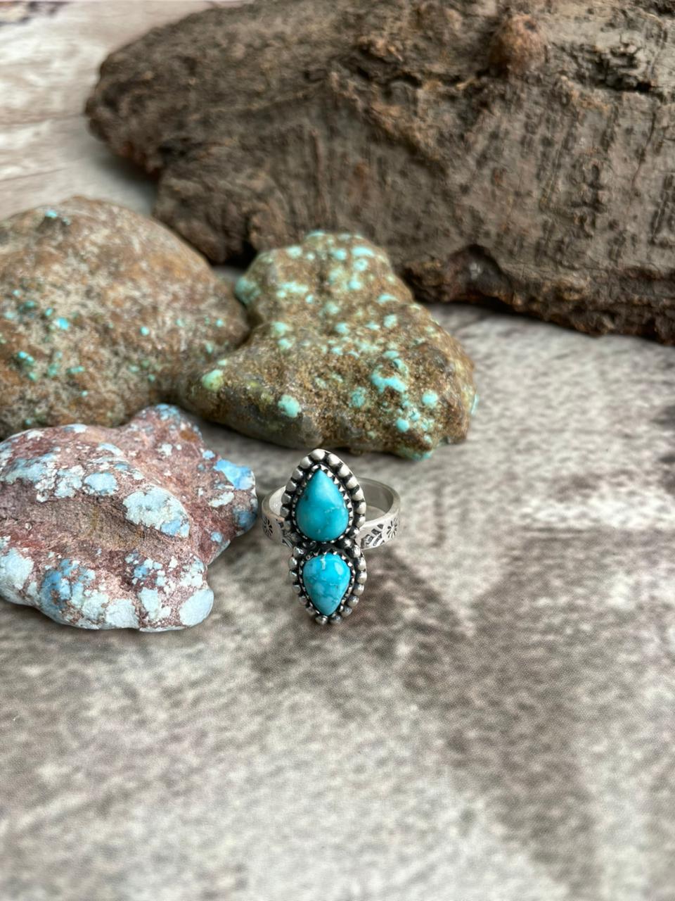 Handmade Sterling Silver White Water Turquoise Adjustable Ring with Signed Nizhoni