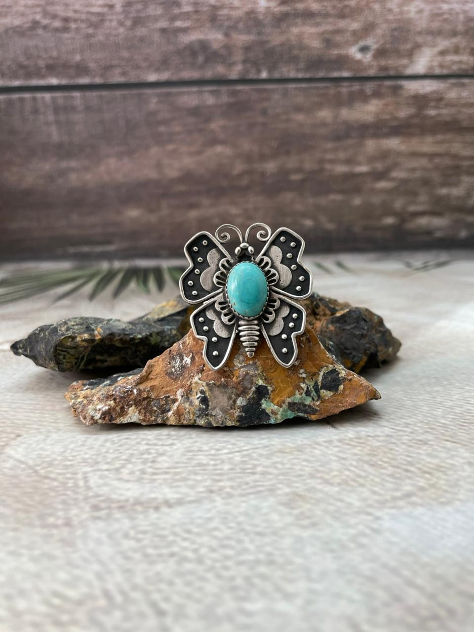 Handmade Sterling Silver Kingman Turquoise Butterfly Adjustable Ring "Signed Nizhoni"