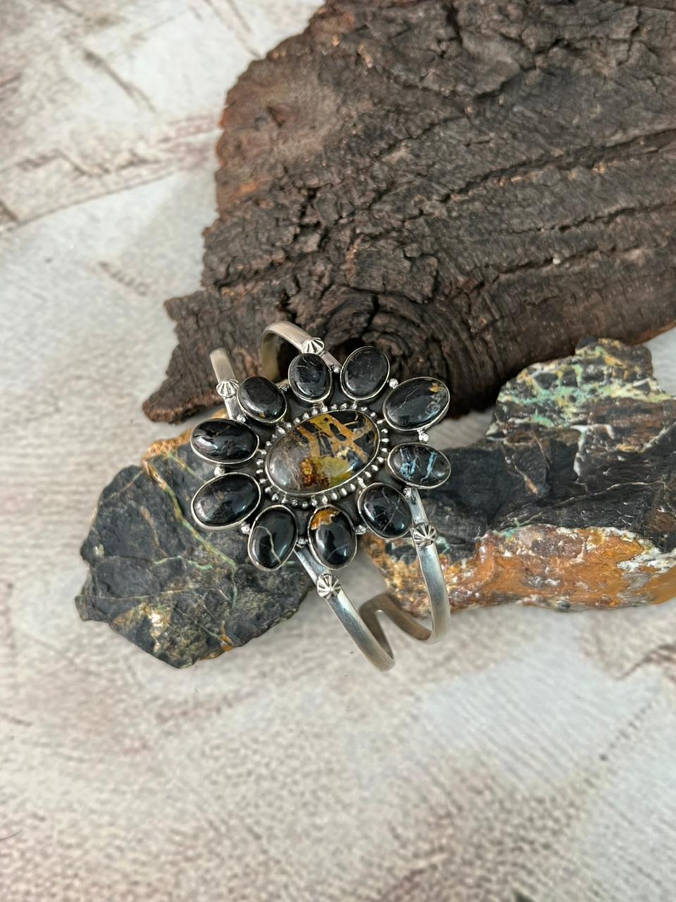 Handmade Sterling Silver Blackjack Turquoise Cuff Bracelet "Signed Nizhoni"