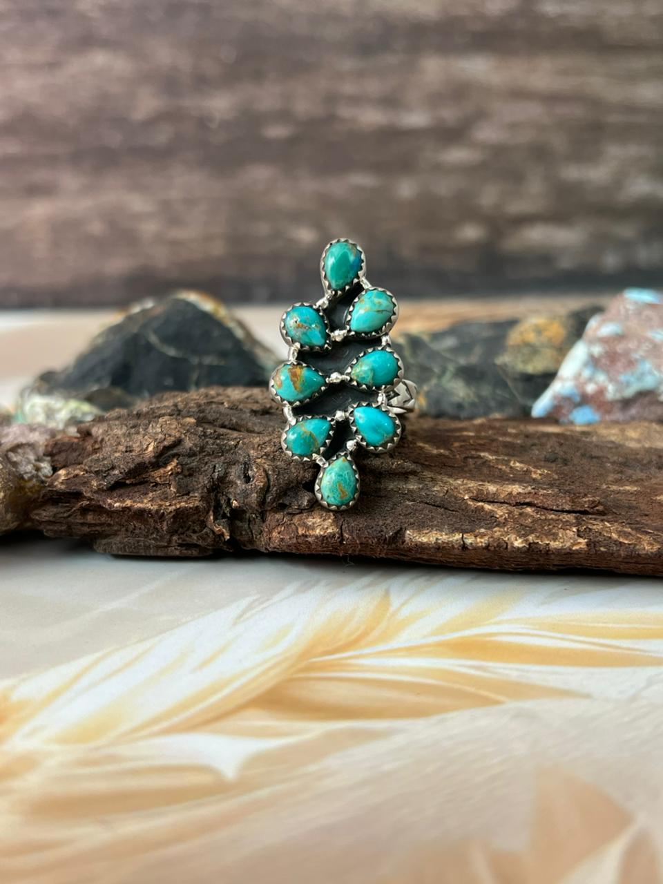 Handmade Sterling Silver Kingman Turquoise Adjustable Ring "Signed Nizhoni"