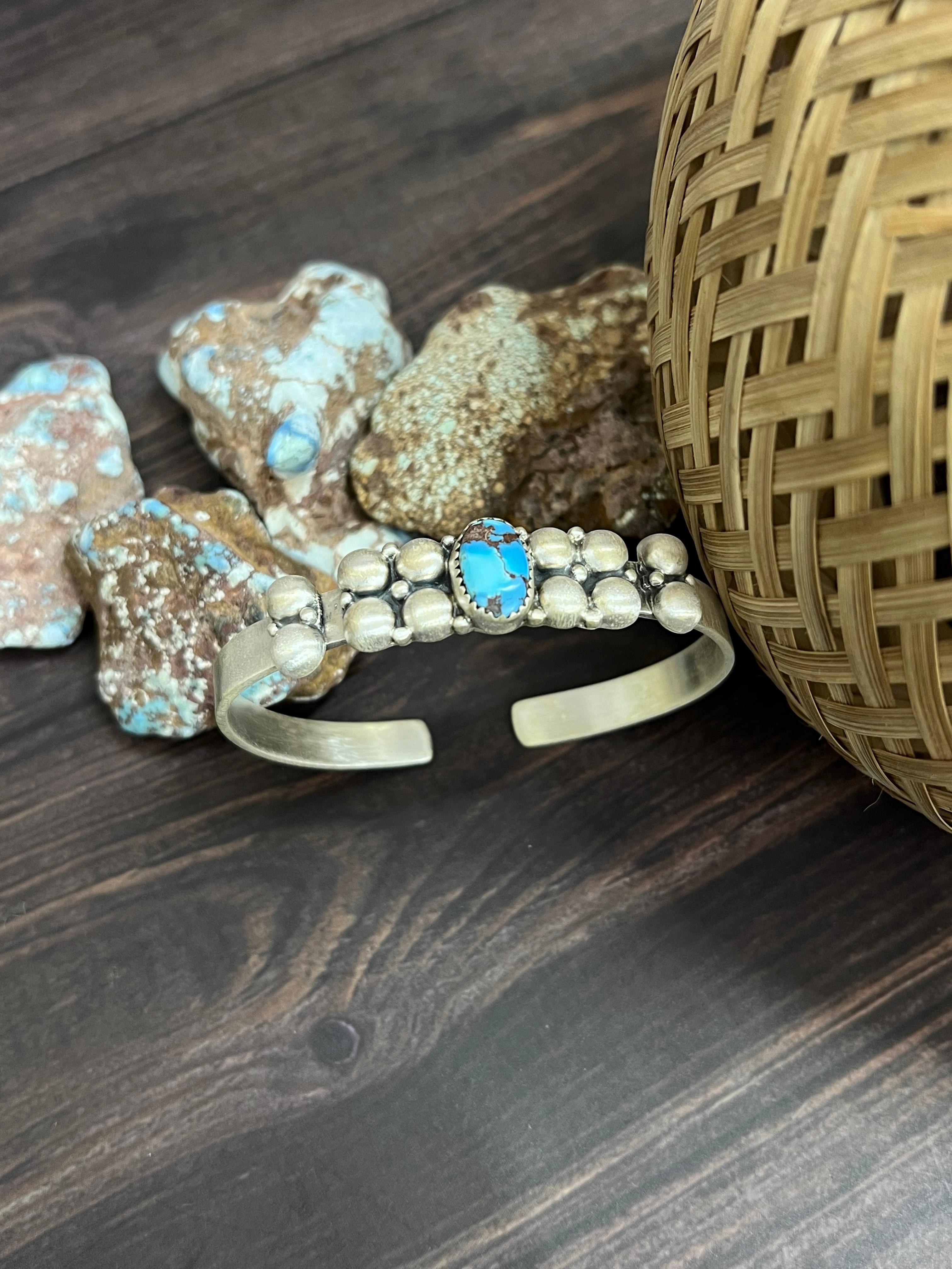 Handmade Sterling Silver Golden Hills Turquoise Cuff Bracelet with Signed Nizhoni