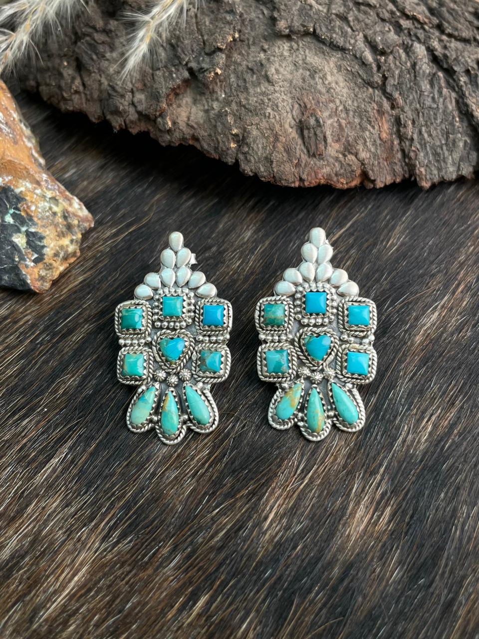 Handmade Sterling Silver Kingman Turquoise Post Earrings "Signed Nizhoni"
