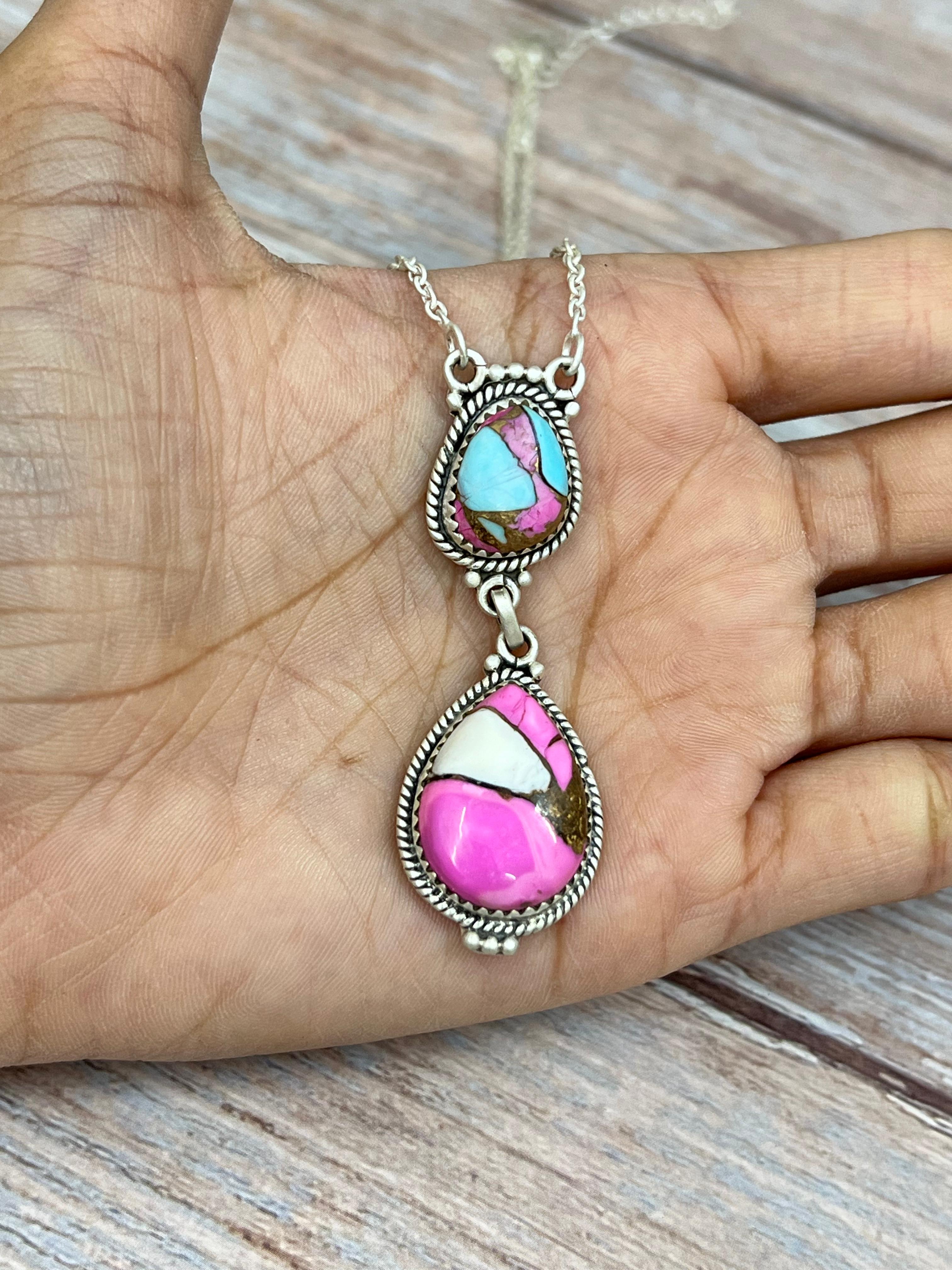 Handmade Sterling Silver Cotton Candy Turquoise Necklace with Signed Nizhoni