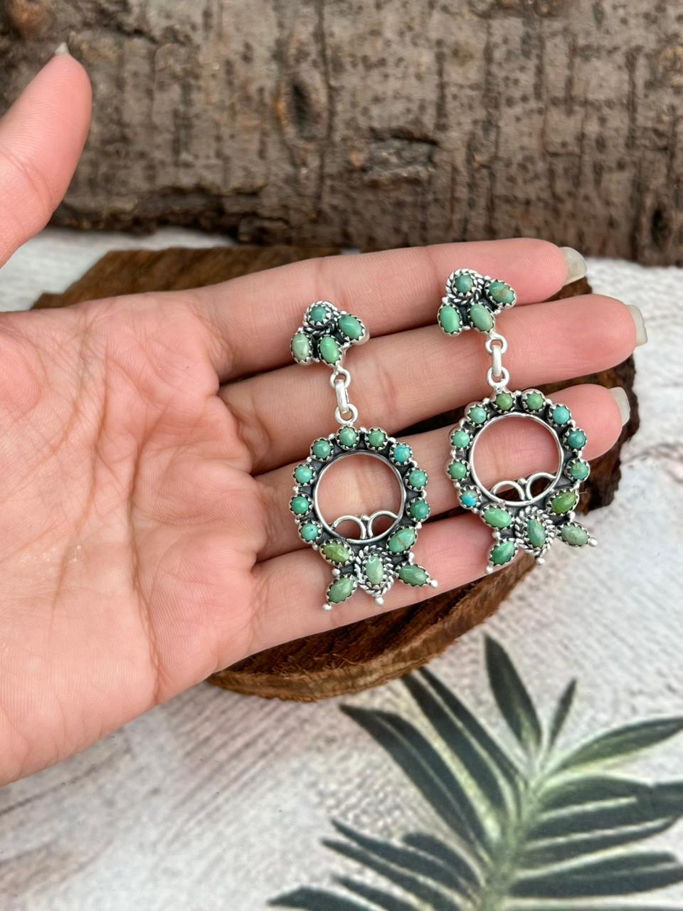 Handmade Sterling Silver Kingman Turquoise Post Dangle Earrings "Signed Nizhoni"